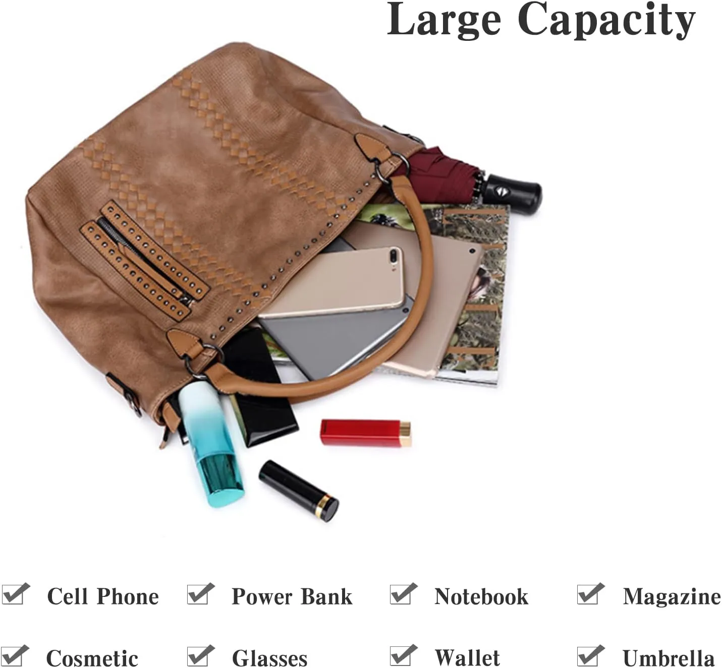 PORRASSO Fashion Tote Bag Women Handbag Shoulder Bag Ladies Crossbody Bag Large Top-handle Bag PU Leather Messenger Bag Travel Work Dating Satchel Coffee Color