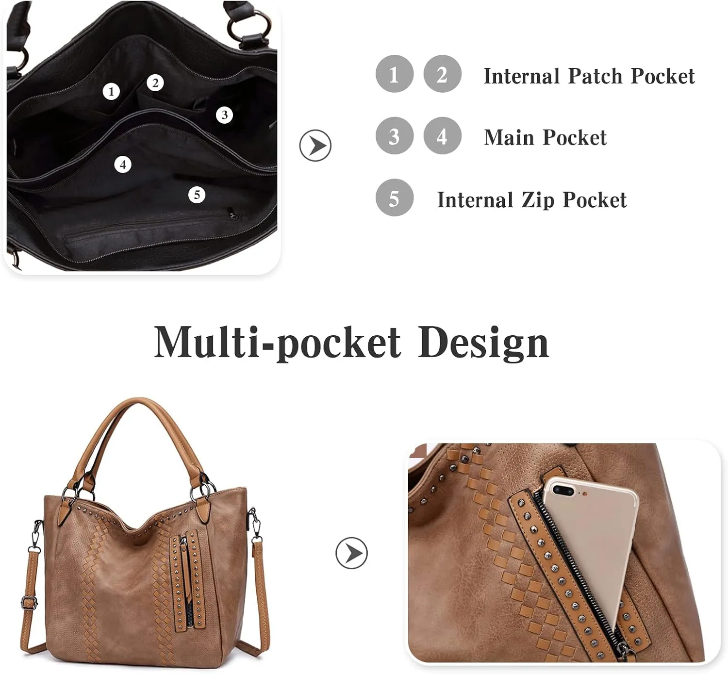 PORRASSO Fashion Tote Bag Women Handbag Shoulder Bag Ladies Crossbody Bag Large Top-handle Bag PU Leather Messenger Bag Travel Work Dating Satchel Coffee Color