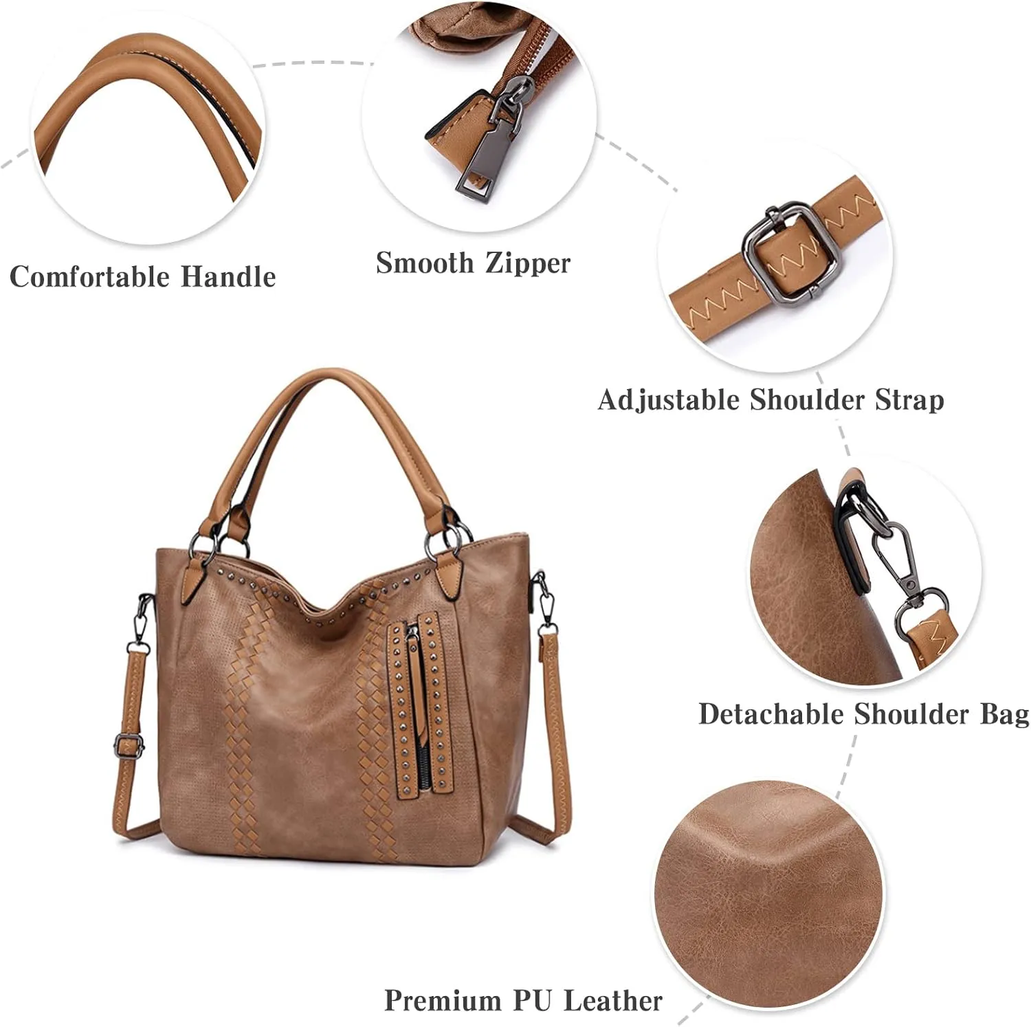 PORRASSO Fashion Tote Bag Women Handbag Shoulder Bag Ladies Crossbody Bag Large Top-handle Bag PU Leather Messenger Bag Travel Work Dating Satchel Coffee Color