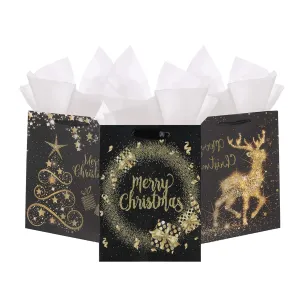 Premium Elegant Christmas Bags - Assorted Set of 12-6 Medium and 6 Large Bags in Black and Gold Glittered Designs