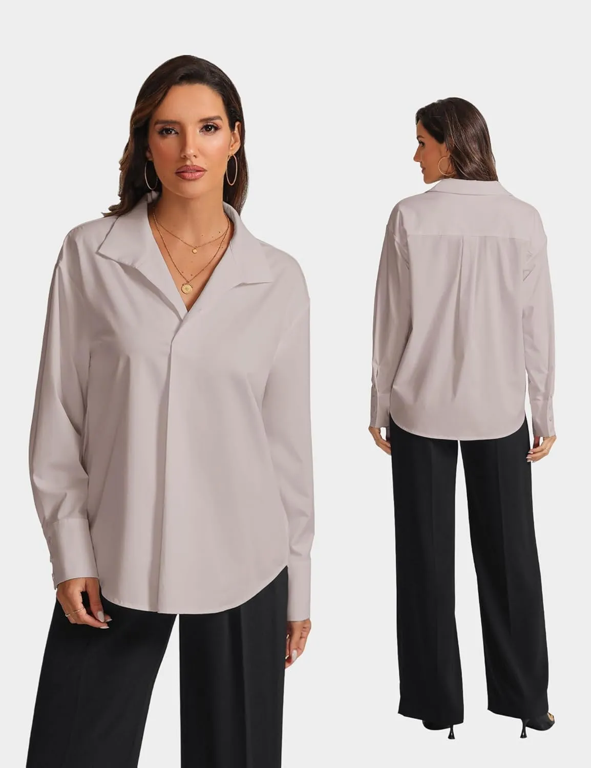 Prettywear Womens Long Sleeve Work Shirts Lapel V Neck Business Casual Blouse Solid Loose Office 2025 Spring Dressy Top
