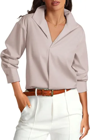 Prettywear Womens Long Sleeve Work Shirts Lapel V Neck Business Casual Blouse Solid Loose Office 2025 Spring Dressy Top