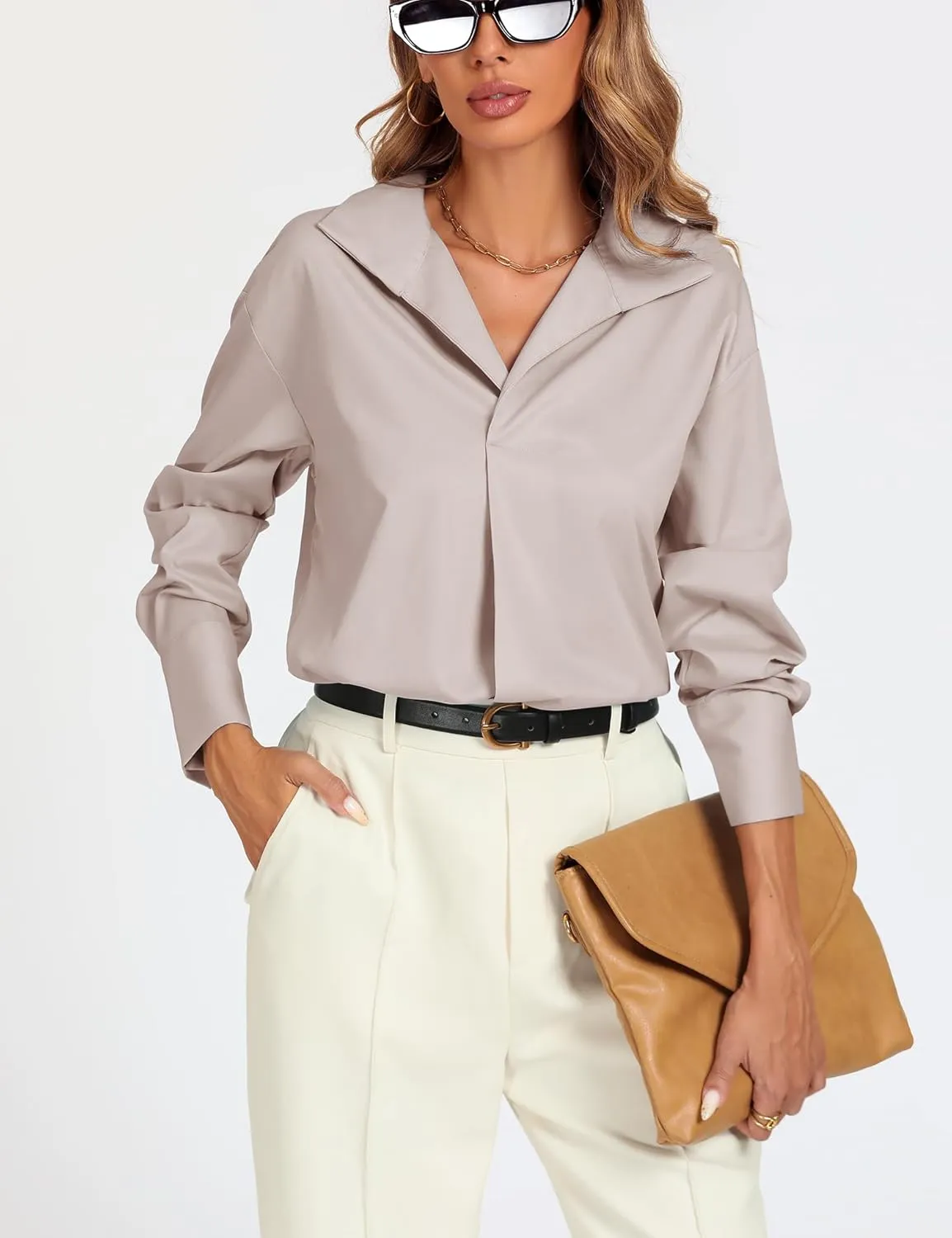 Prettywear Womens Long Sleeve Work Shirts Lapel V Neck Business Casual Blouse Solid Loose Office 2025 Spring Dressy Top