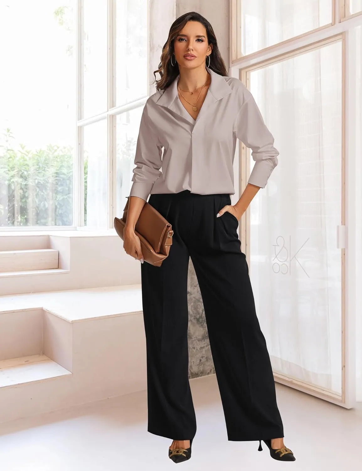 Prettywear Womens Long Sleeve Work Shirts Lapel V Neck Business Casual Blouse Solid Loose Office 2025 Spring Dressy Top