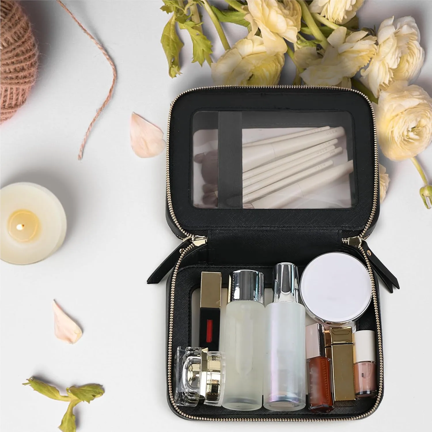 Prite Clear Makeup Bags Double Layer Cosmetic Bags with a Separate Brush Compartment Travel Makeup Bag for Women Travel Accessories Organizer for Purse(Black)