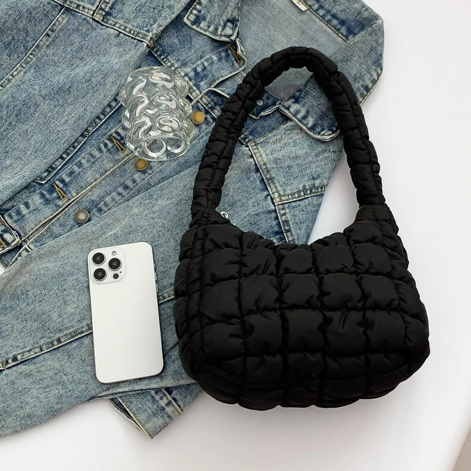 Puffer Quilted Shoulder Bag for Women Handbag Puffy Hobo Nylon Padded Tote Bag Soft Purse Lightweight
