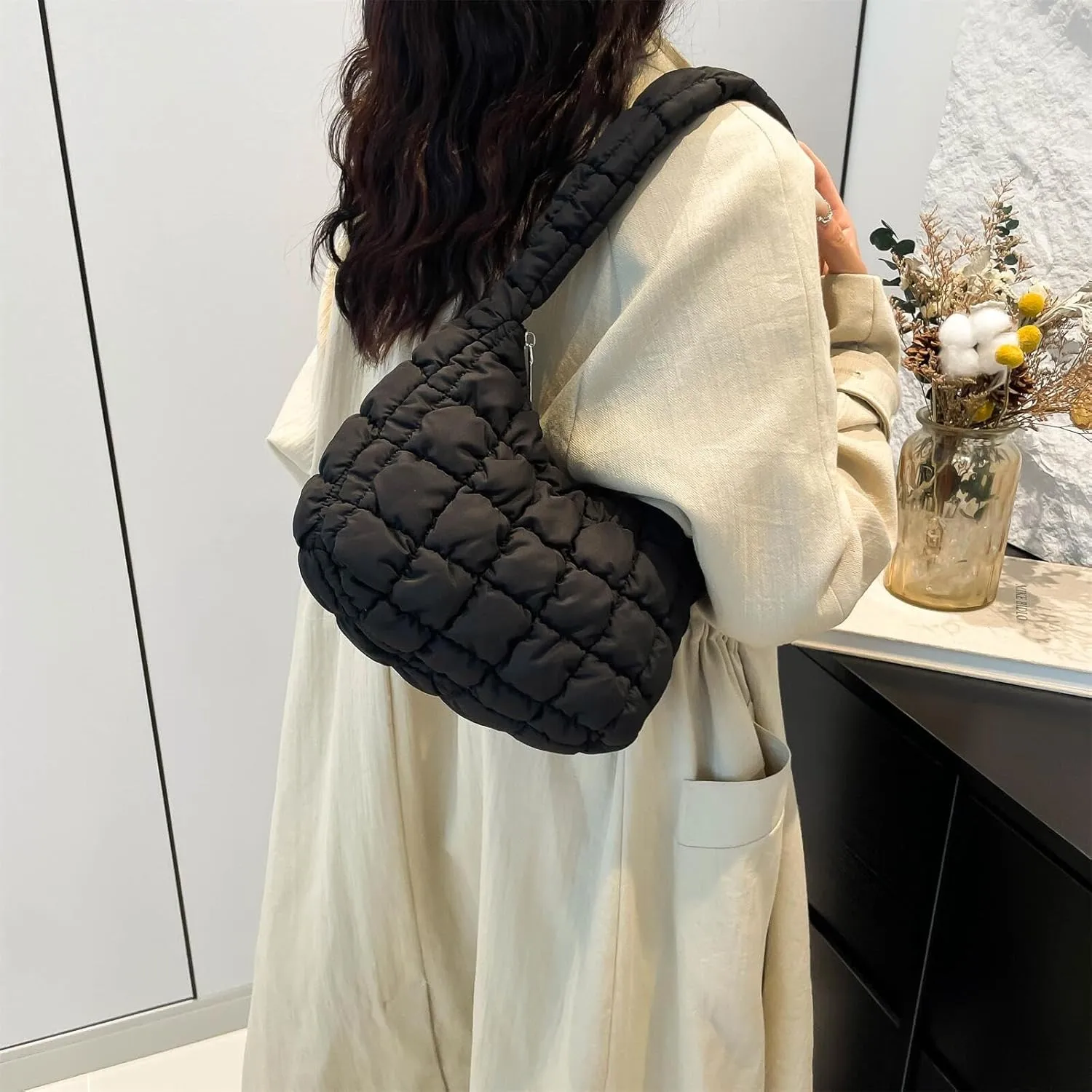 Puffer Quilted Shoulder Bag for Women Handbag Puffy Hobo Nylon Padded Tote Bag Soft Purse Lightweight