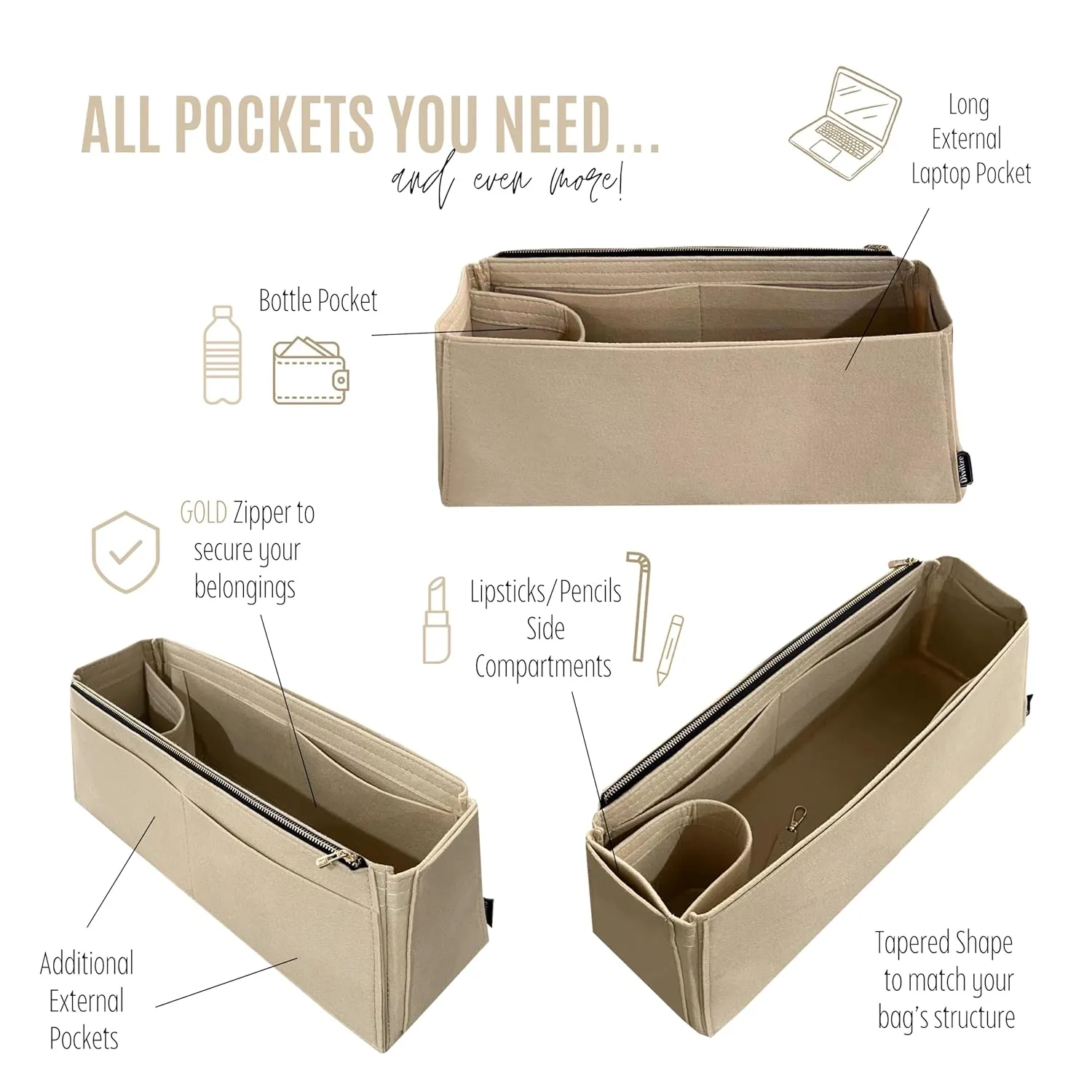 Purse Organizer for Lv Artsy MM Purse Organizer Insert, Artsy GM Organizer, Handmade Snug Sturdy 2mm Felt with Gold Zipper Tapered Shape Perfect Fit (For Artsy MM, Black)