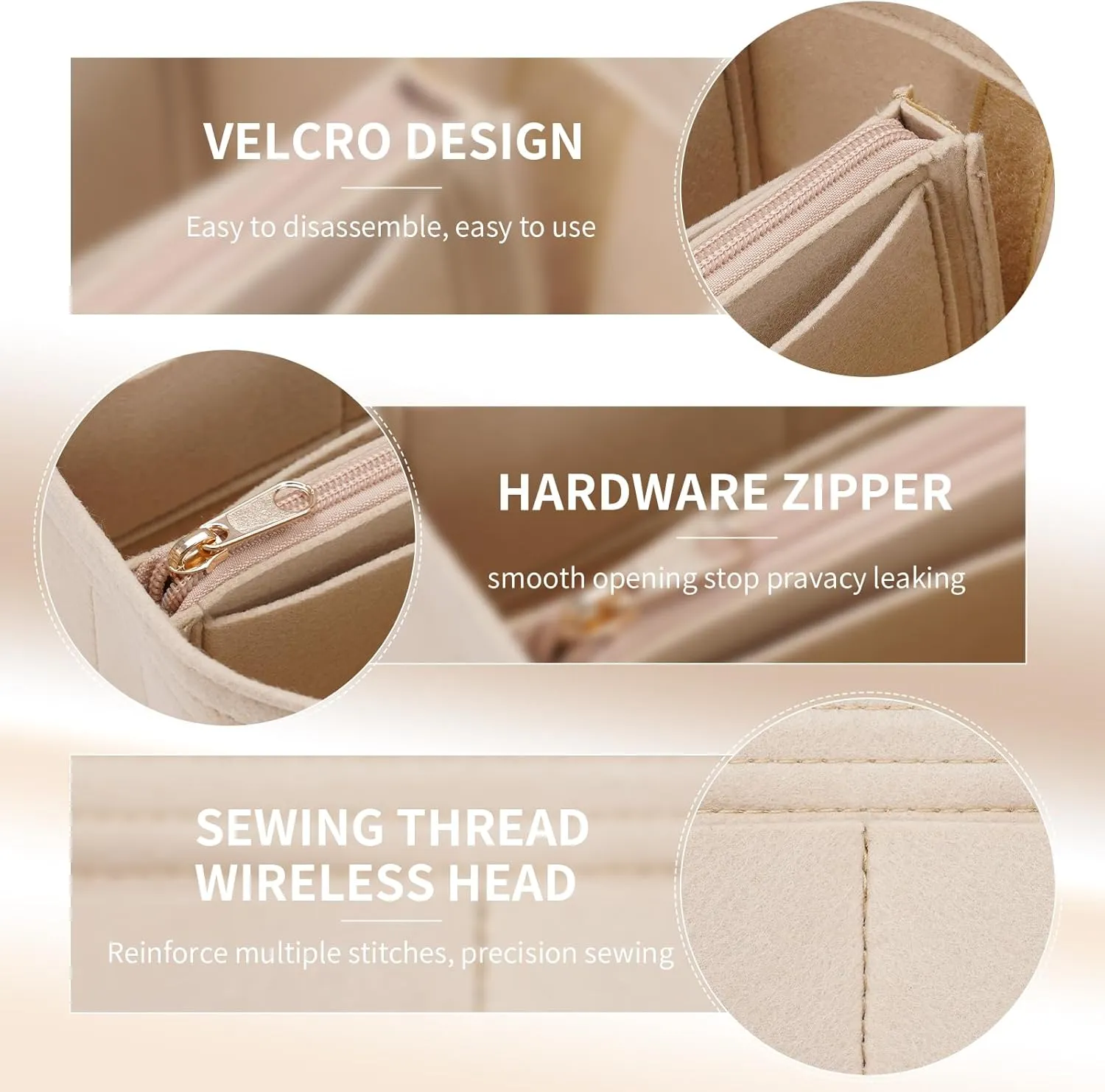Purse Organizer Insert for LV Noe NM Bucket Bags,Tote Bag Organizer with zipper insert (Medium, Beige)
