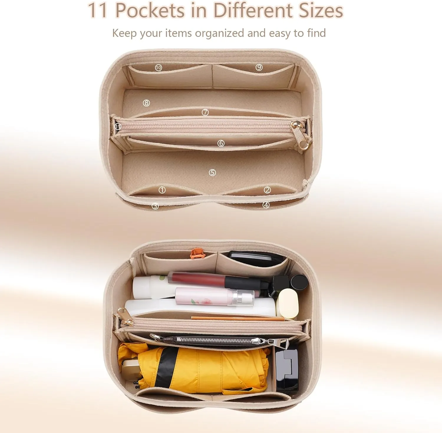 Purse Organizer Insert for LV Noe NM Bucket Bags,Tote Bag Organizer with zipper insert (Medium, Beige)