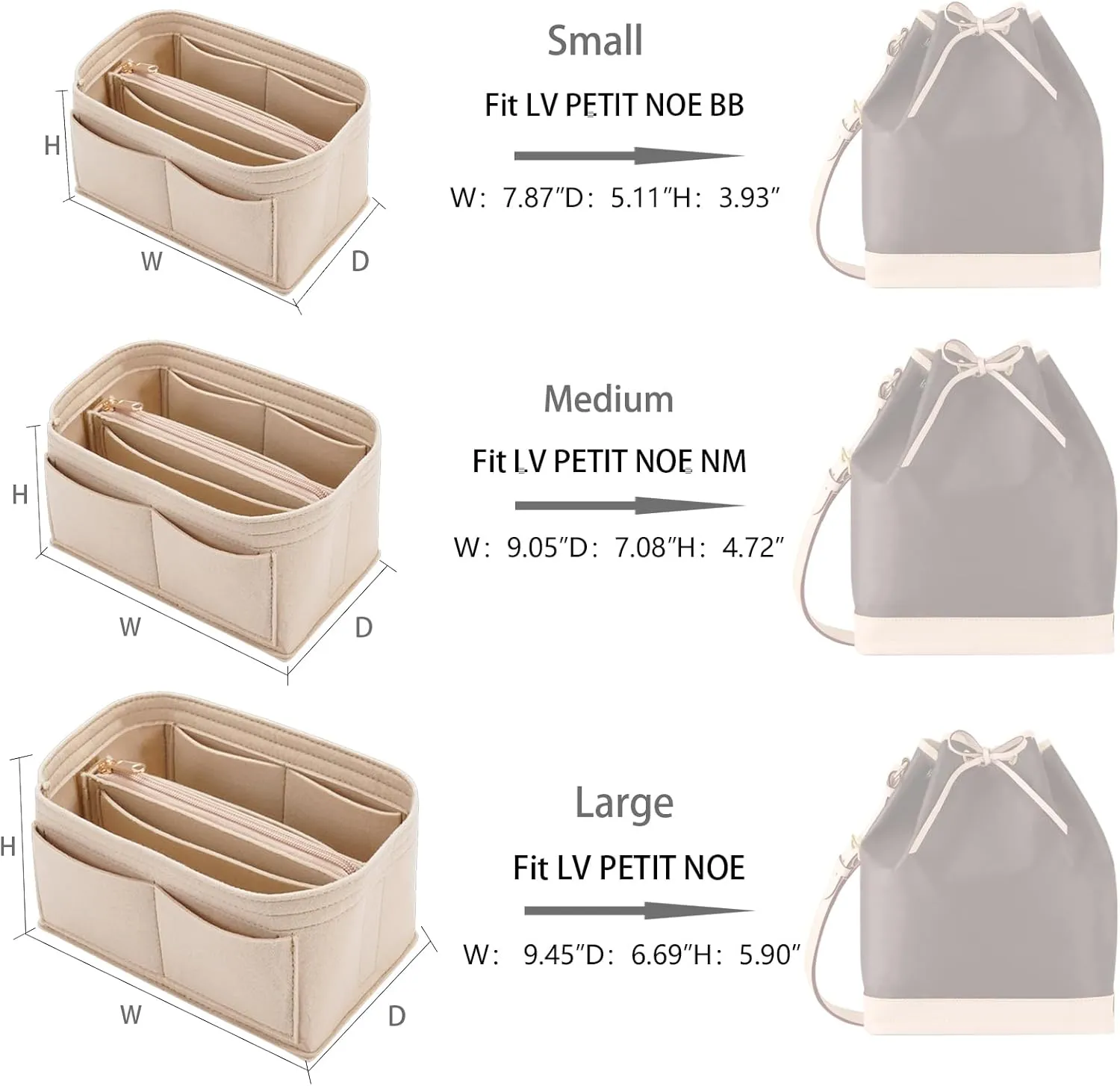 Purse Organizer Insert for LV Noe NM Bucket Bags,Tote Bag Organizer with zipper insert (Medium, Beige)