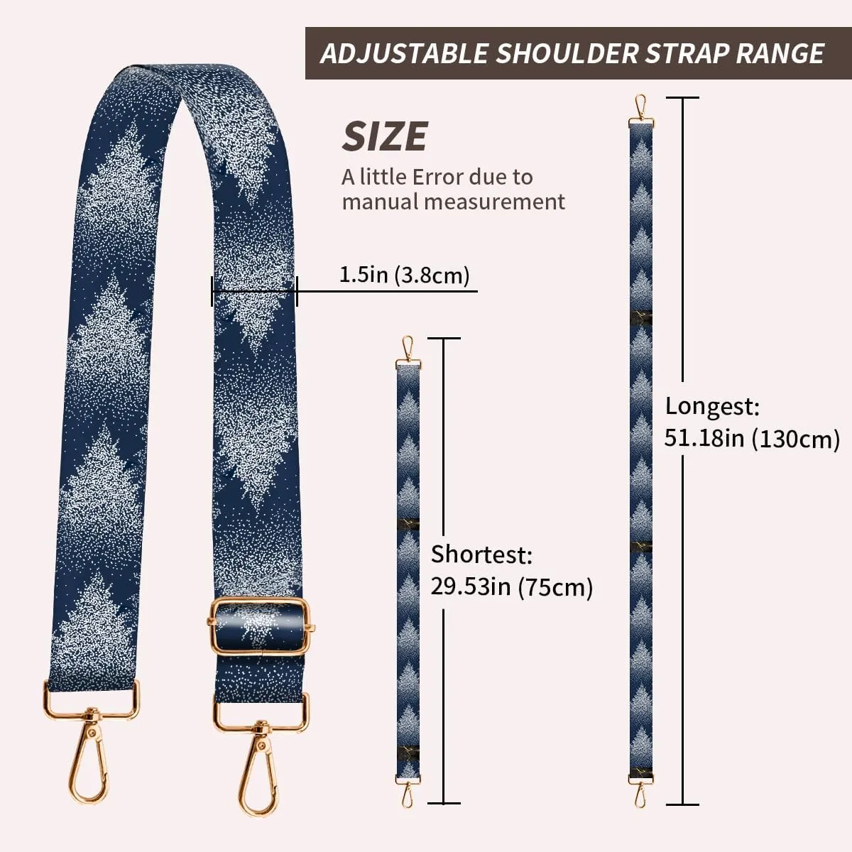 Purse Strap Replacement Crossbody, 3.8cm Wide Shoulder Strap Adjustable Replacement Belt Gold Buckle, Handbag Crossbody Bag Strap Snow Forest