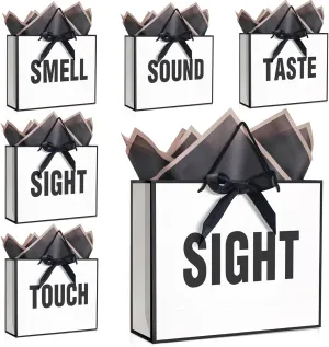 QLSKO 5 Senses Gift Bags for Women Men with Bow Ribbon Tissue Paper and Handles,Five Senses Gift Paper Bag for Present Wrappings,13" (White)