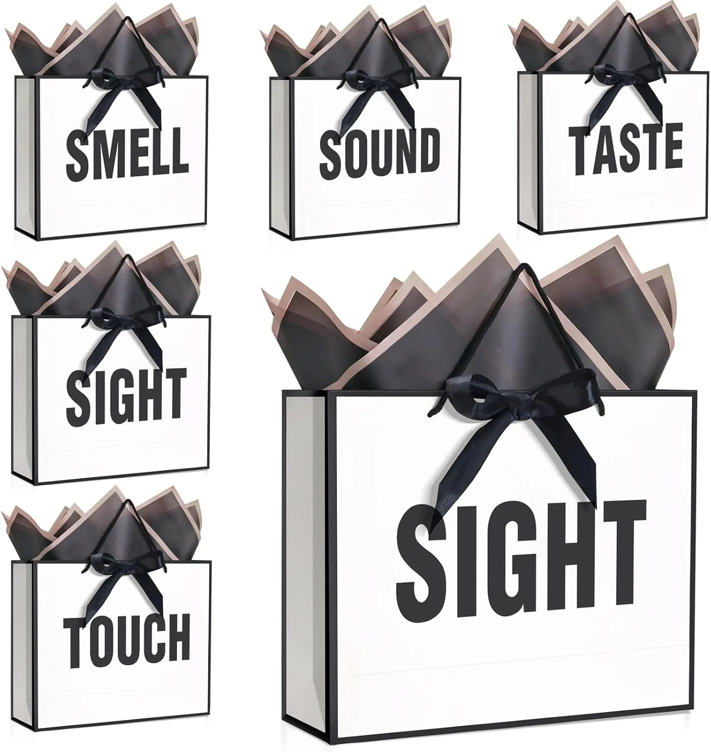 QLSKO 5 Senses Gift Bags for Women Men with Bow Ribbon Tissue Paper and Handles,Five Senses Gift Paper Bag for Present Wrappings,13" (White)