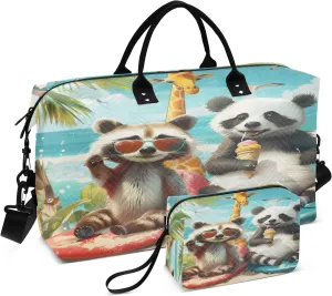 Raccoon Surfer and Sloth Panda Travel Duffel Bags with Toiletry Bag and Adjustable Strap for Travel Gym Yoga