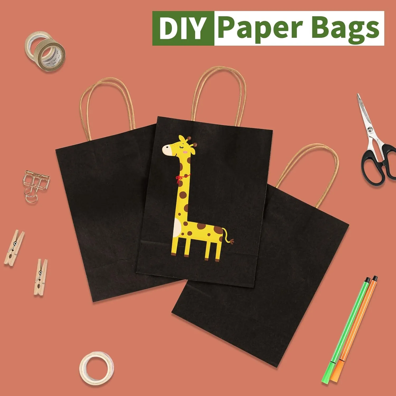 RACETOP 50Pcs Black Gift Bags 8x4.5x10.8 Inch, Kraft Paper Bags with Handles, Shopping Bags for Boutique, Wedding Party Favor, Merchandise, Retail, Small Business, Bulk