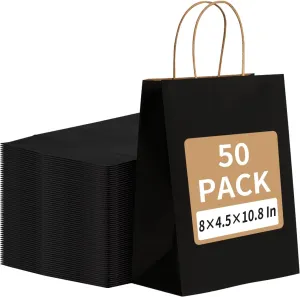 RACETOP 50Pcs Black Gift Bags 8x4.5x10.8 Inch, Kraft Paper Bags with Handles, Shopping Bags for Boutique, Wedding Party Favor, Merchandise, Retail, Small Business, Bulk