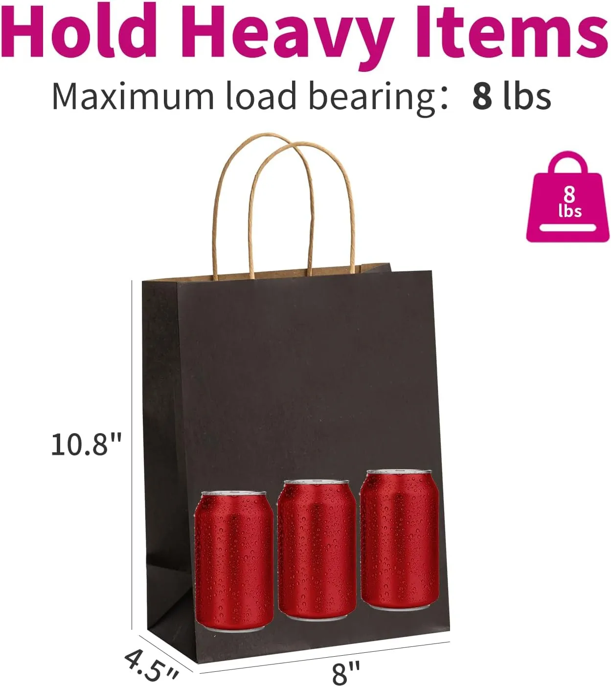 RACETOP 50Pcs Black Gift Bags 8x4.5x10.8 Inch, Kraft Paper Bags with Handles, Shopping Bags for Boutique, Wedding Party Favor, Merchandise, Retail, Small Business, Bulk