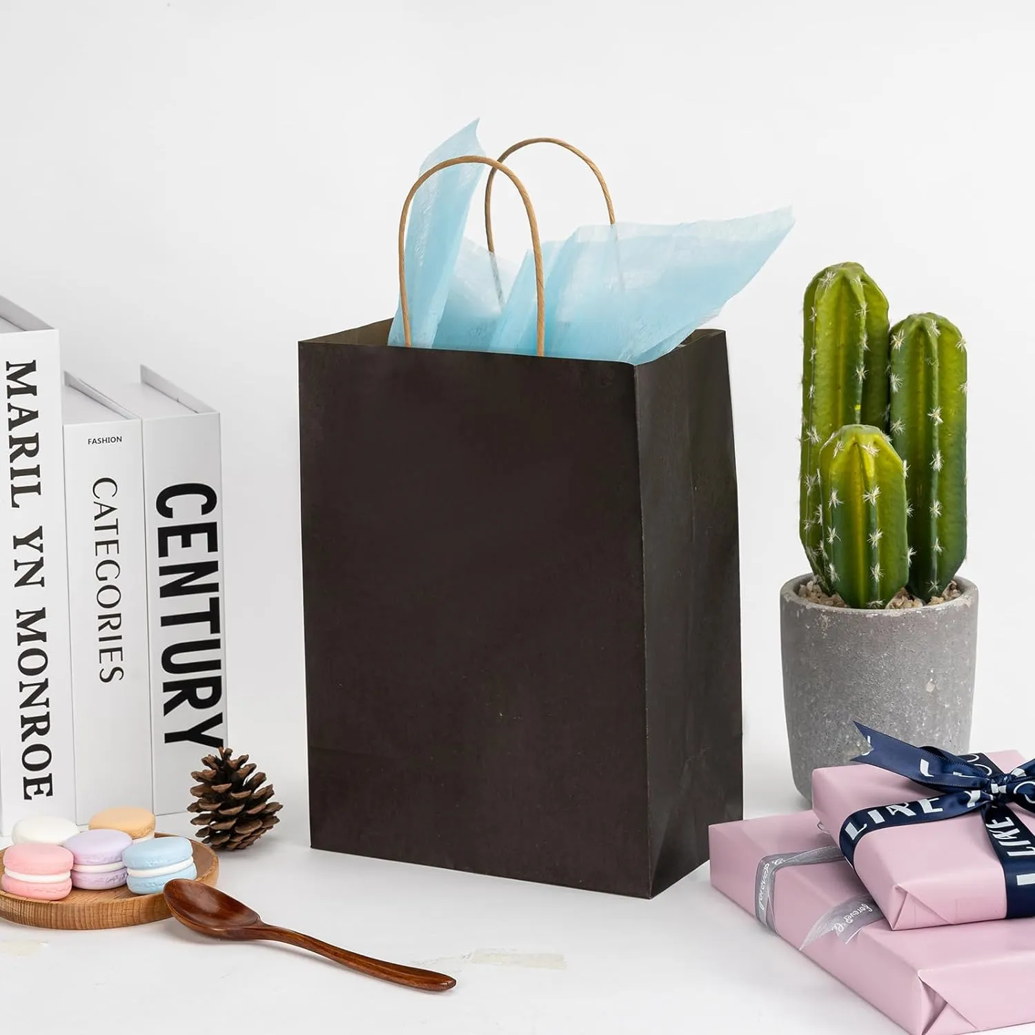 RACETOP 50Pcs Black Gift Bags 8x4.5x10.8 Inch, Kraft Paper Bags with Handles, Shopping Bags for Boutique, Wedding Party Favor, Merchandise, Retail, Small Business, Bulk