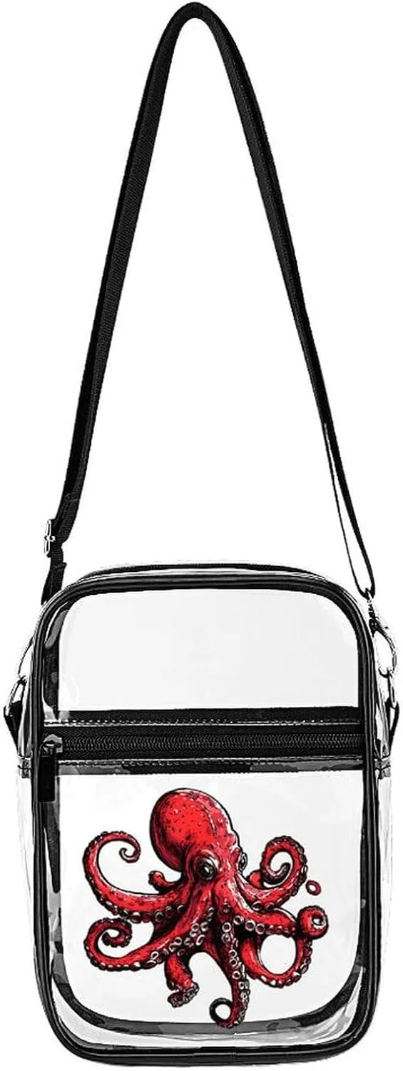 Red Octopus Fierce Cute Crossbody Purses Unisex Transparent Shoulder Bag Adjustable Strap Handbag