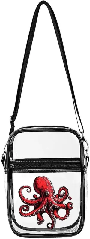 Red Octopus Fierce Cute Crossbody Purses Unisex Transparent Shoulder Bag Adjustable Strap Handbag