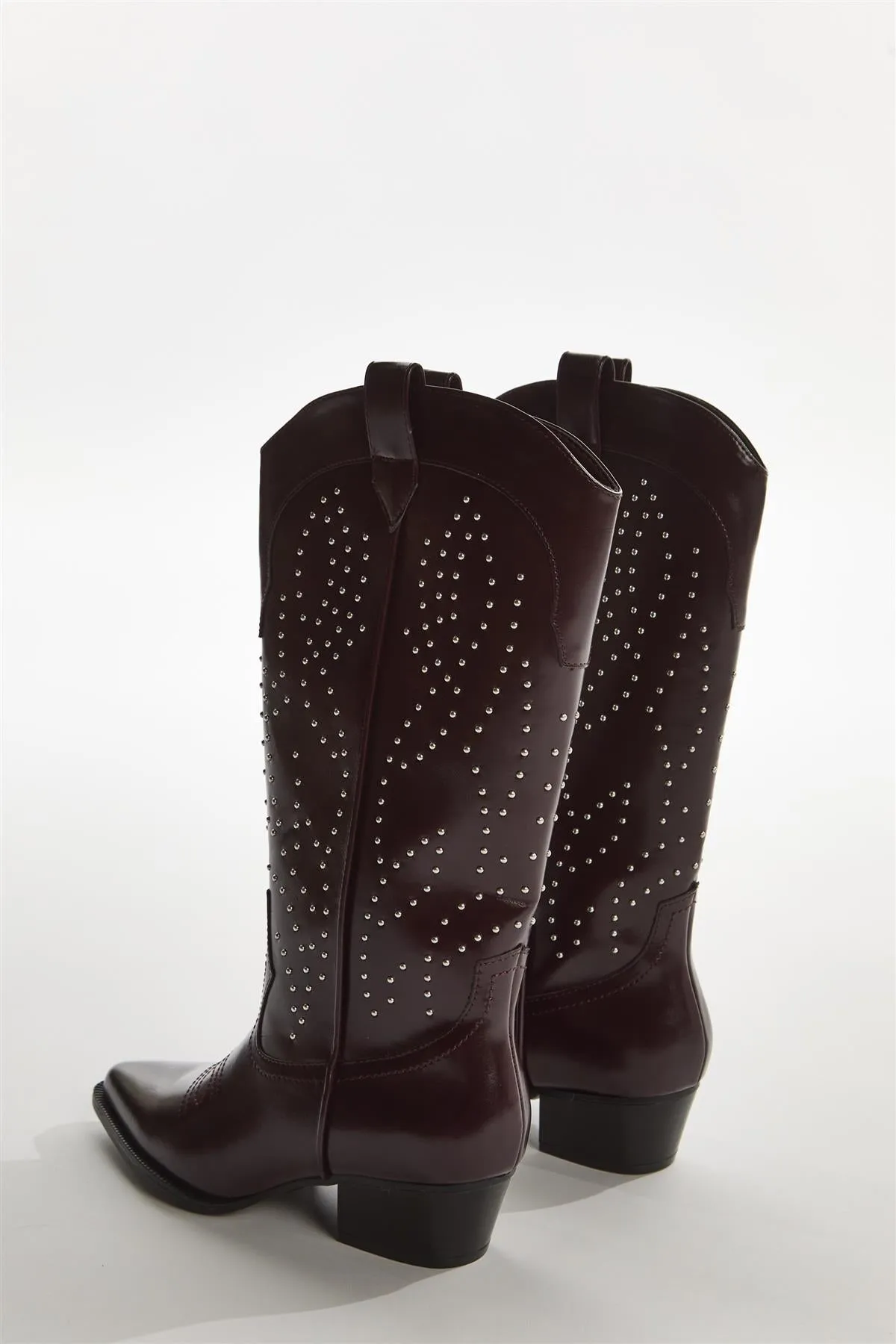 Red-Pu Studded Cowboy Knee-High-Boots