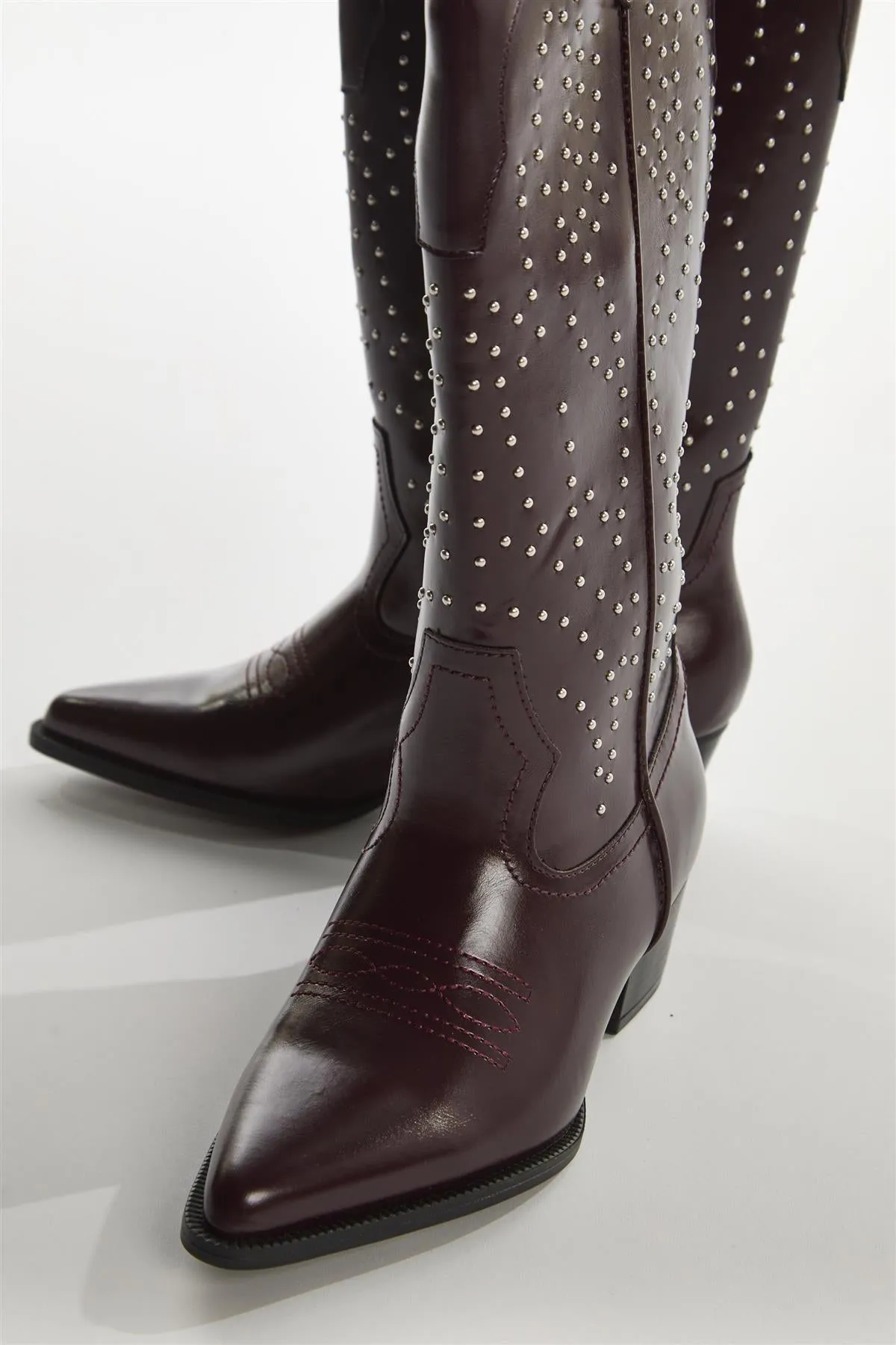 Red-Pu Studded Cowboy Knee-High-Boots