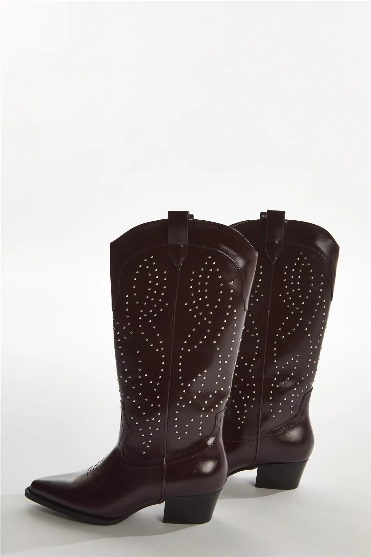 Red-Pu Studded Cowboy Knee-High-Boots