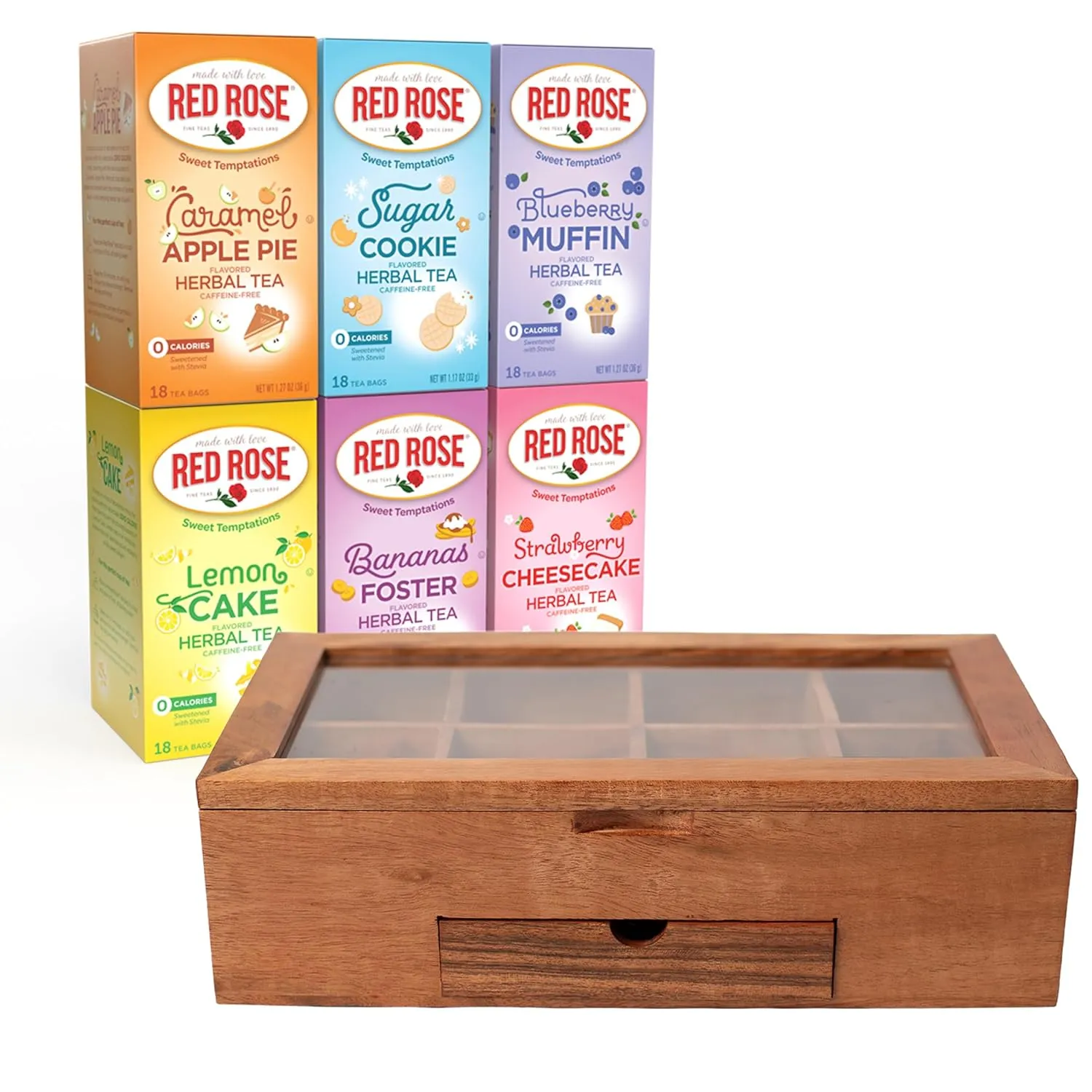 Red Rose Sweet Temptations Dessert Tea Variety Pack with Tea Chest, Zero Sugar, Zero Calories Caffeine-Free Flavored Herbal Tea 6 Pack (108 tea bags) Delicious Beverage Gift Set Naturally Flavored