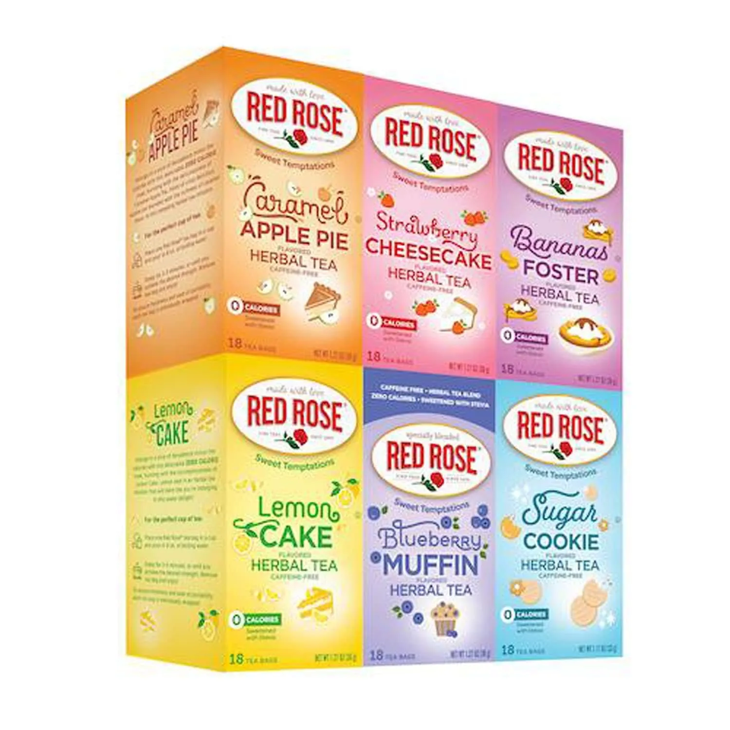 Red Rose Sweet Temptations Dessert Tea Variety Pack with Tea Chest, Zero Sugar, Zero Calories Caffeine-Free Flavored Herbal Tea 6 Pack (108 tea bags) Delicious Beverage Gift Set Naturally Flavored
