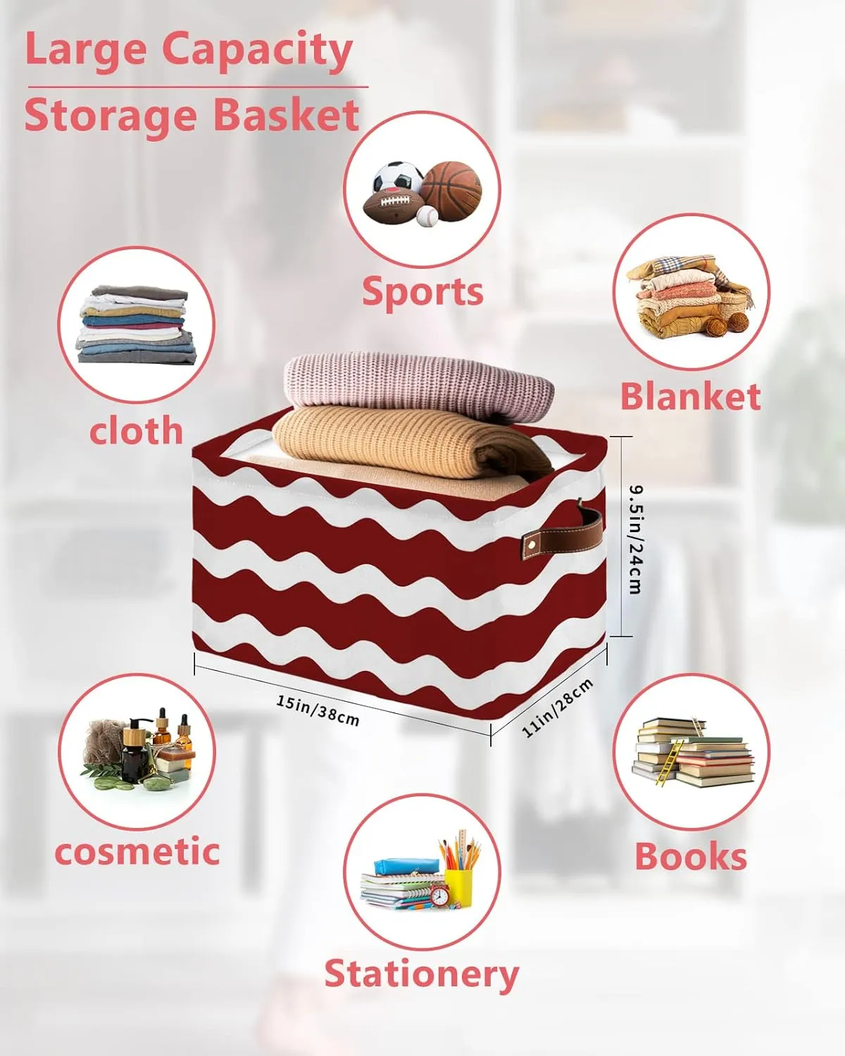 Red Stripe Ripple Cube Storage Organizer Bins with Handles, 15x11x9.5 Inch Collapsible Canvas Cloth Fabric Storage Basket, Abstract Geometric Books Bin Boxes for Shelves, Closet