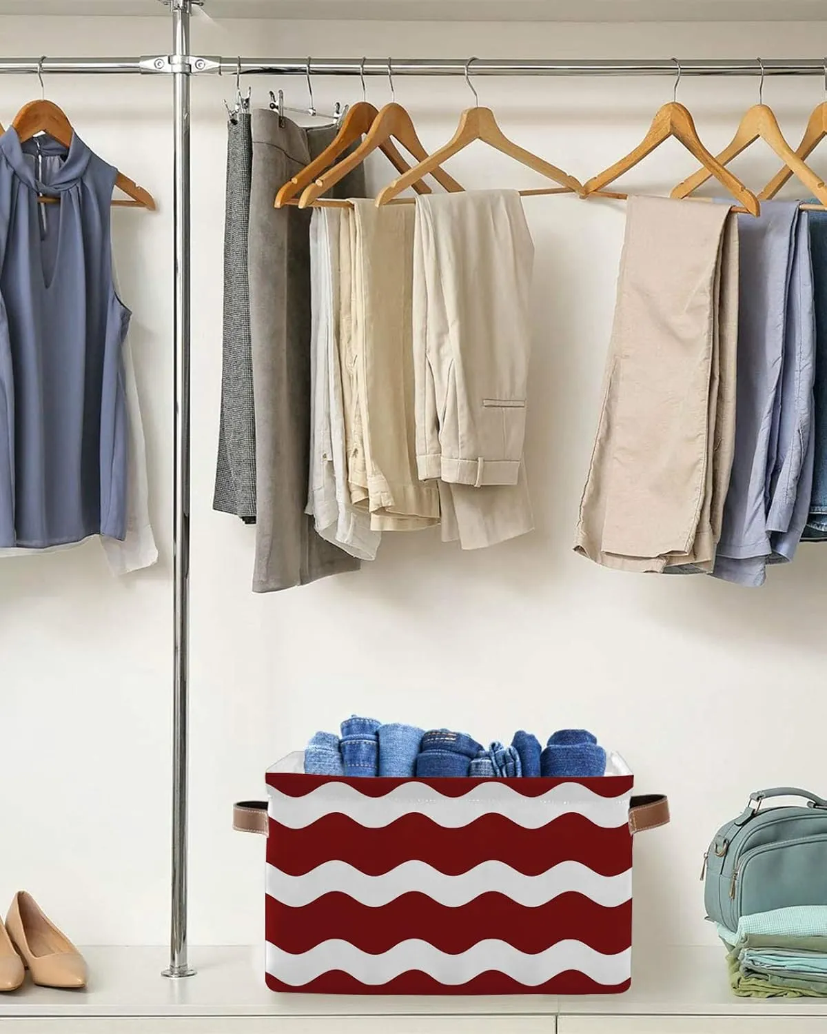 Red Stripe Ripple Cube Storage Organizer Bins with Handles, 15x11x9.5 Inch Collapsible Canvas Cloth Fabric Storage Basket, Abstract Geometric Books Bin Boxes for Shelves, Closet