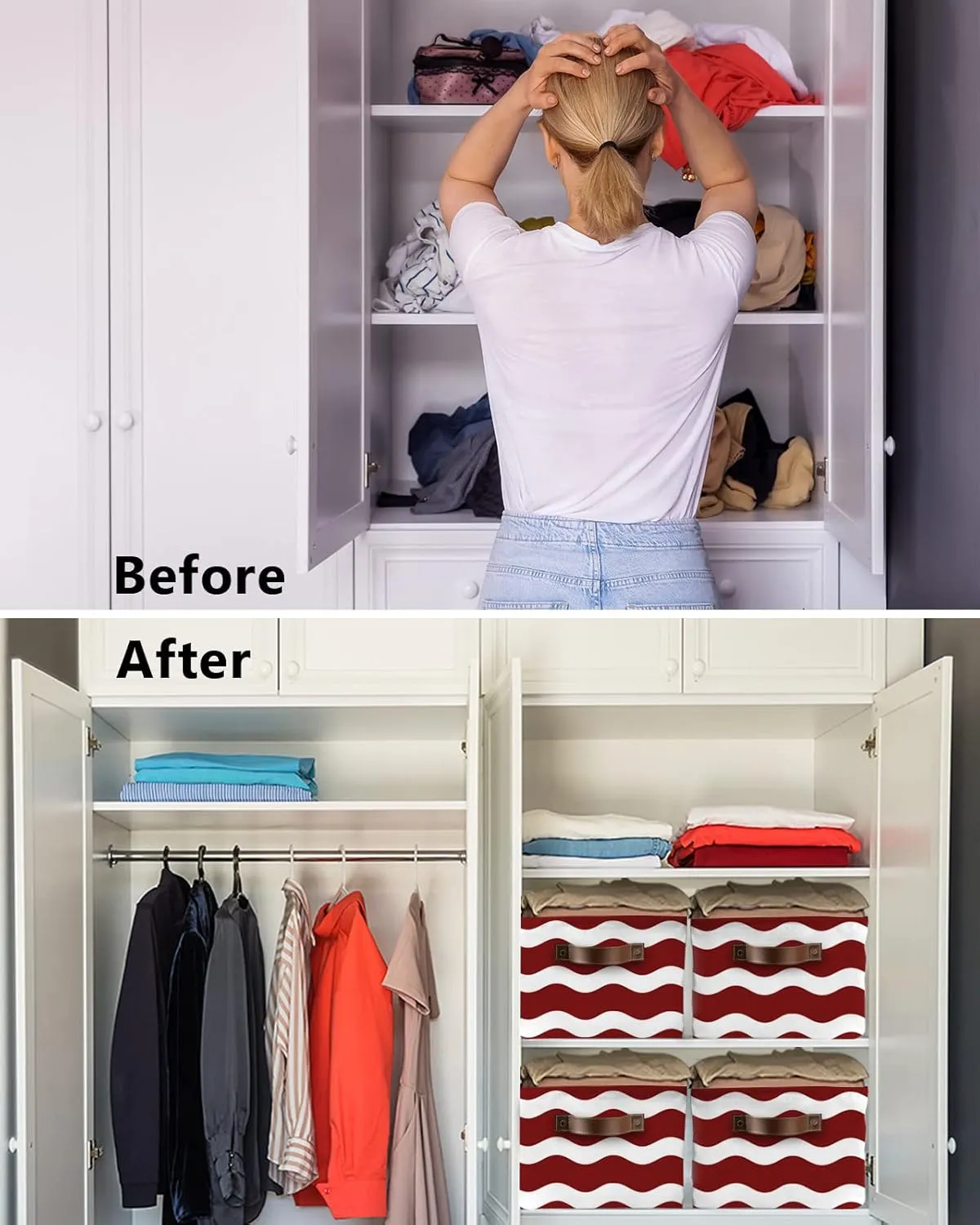 Red Stripe Ripple Cube Storage Organizer Bins with Handles, 15x11x9.5 Inch Collapsible Canvas Cloth Fabric Storage Basket, Abstract Geometric Books Bin Boxes for Shelves, Closet