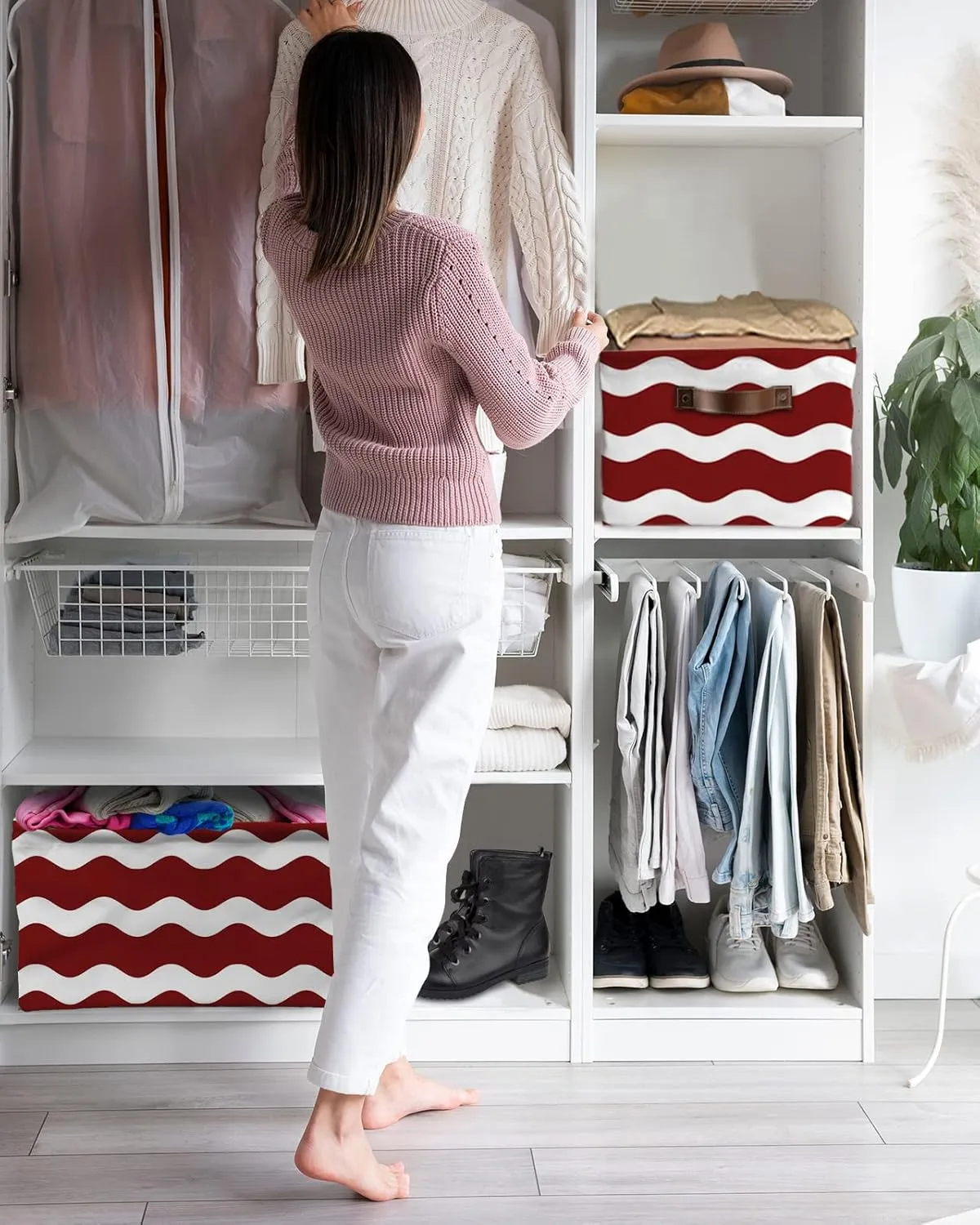 Red Stripe Ripple Cube Storage Organizer Bins with Handles, 15x11x9.5 Inch Collapsible Canvas Cloth Fabric Storage Basket, Abstract Geometric Books Bin Boxes for Shelves, Closet