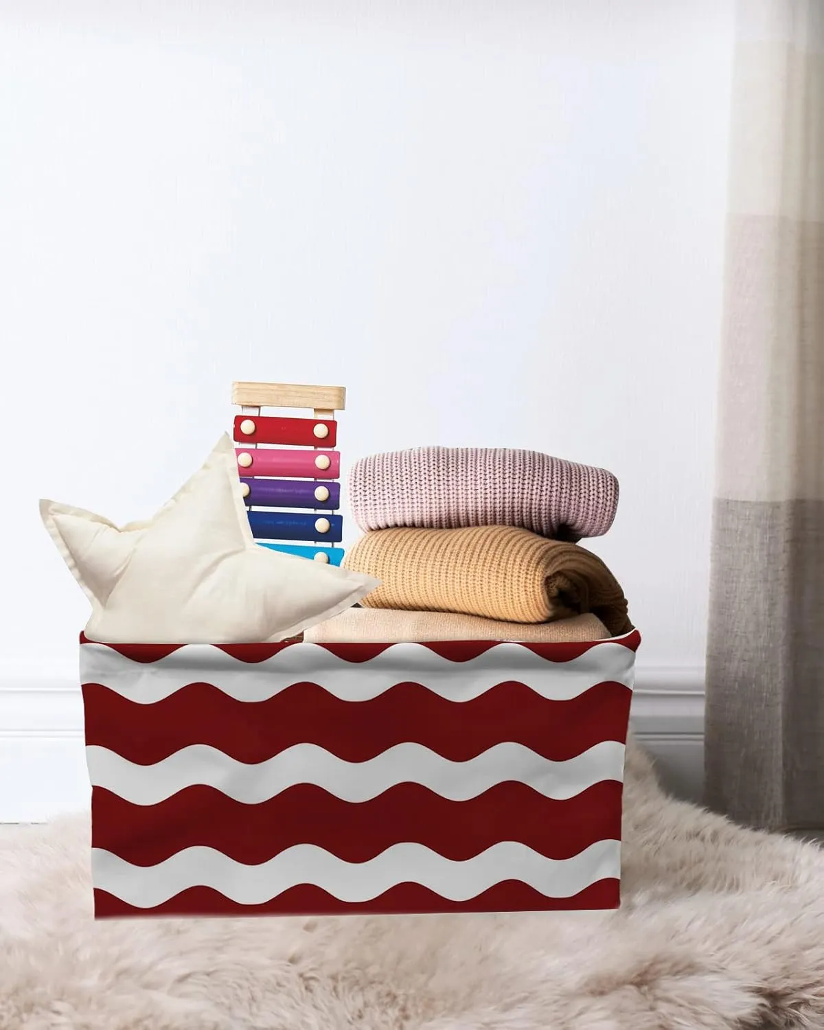 Red Stripe Ripple Cube Storage Organizer Bins with Handles, 15x11x9.5 Inch Collapsible Canvas Cloth Fabric Storage Basket, Abstract Geometric Books Bin Boxes for Shelves, Closet