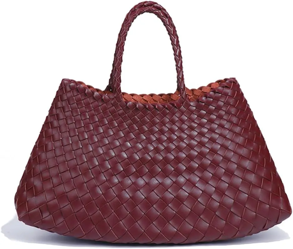 Rejolly Basket Bag for Women Woven Leather Top Handle Tote Handbag Summer Vacation Chic Beach Purse with Drawstring Pouch