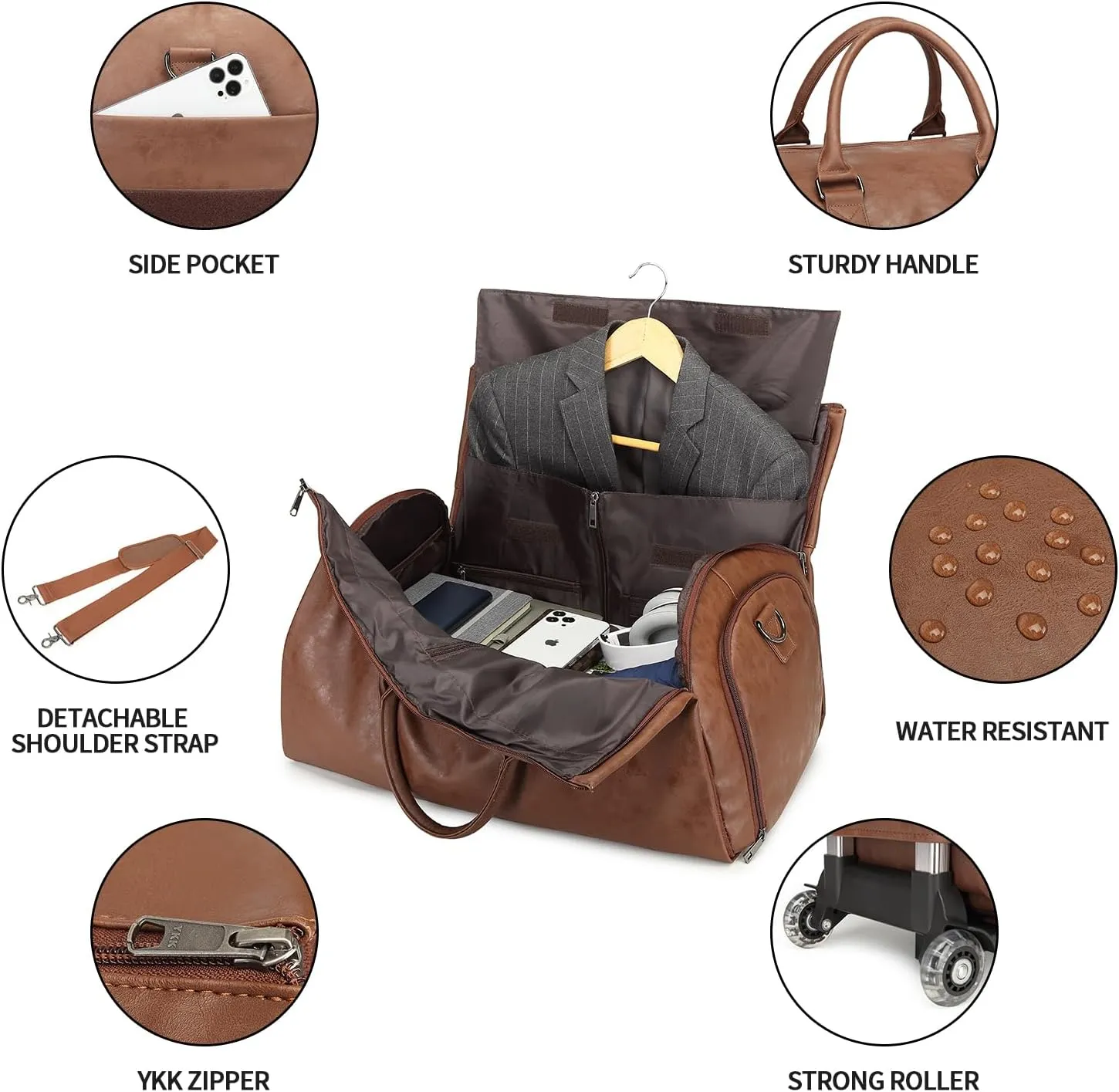 Rolling Garment Bags for Travel,Convertible Duffle Garment Bag Roller Bag Carry on Garment Bag with Wheels Luggage Rolling Weekender Roller Duffle Bags for Travel-Brown