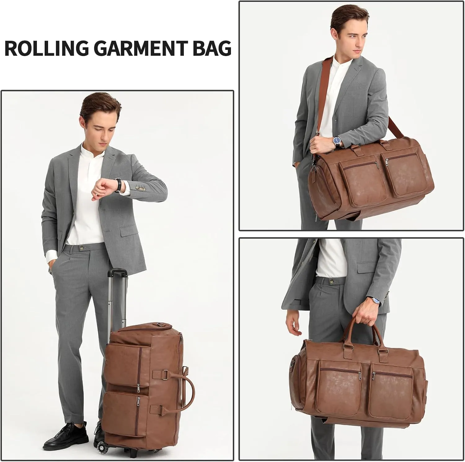 Rolling Garment Bags for Travel,Convertible Duffle Garment Bag Roller Bag Carry on Garment Bag with Wheels Luggage Rolling Weekender Roller Duffle Bags for Travel-Brown