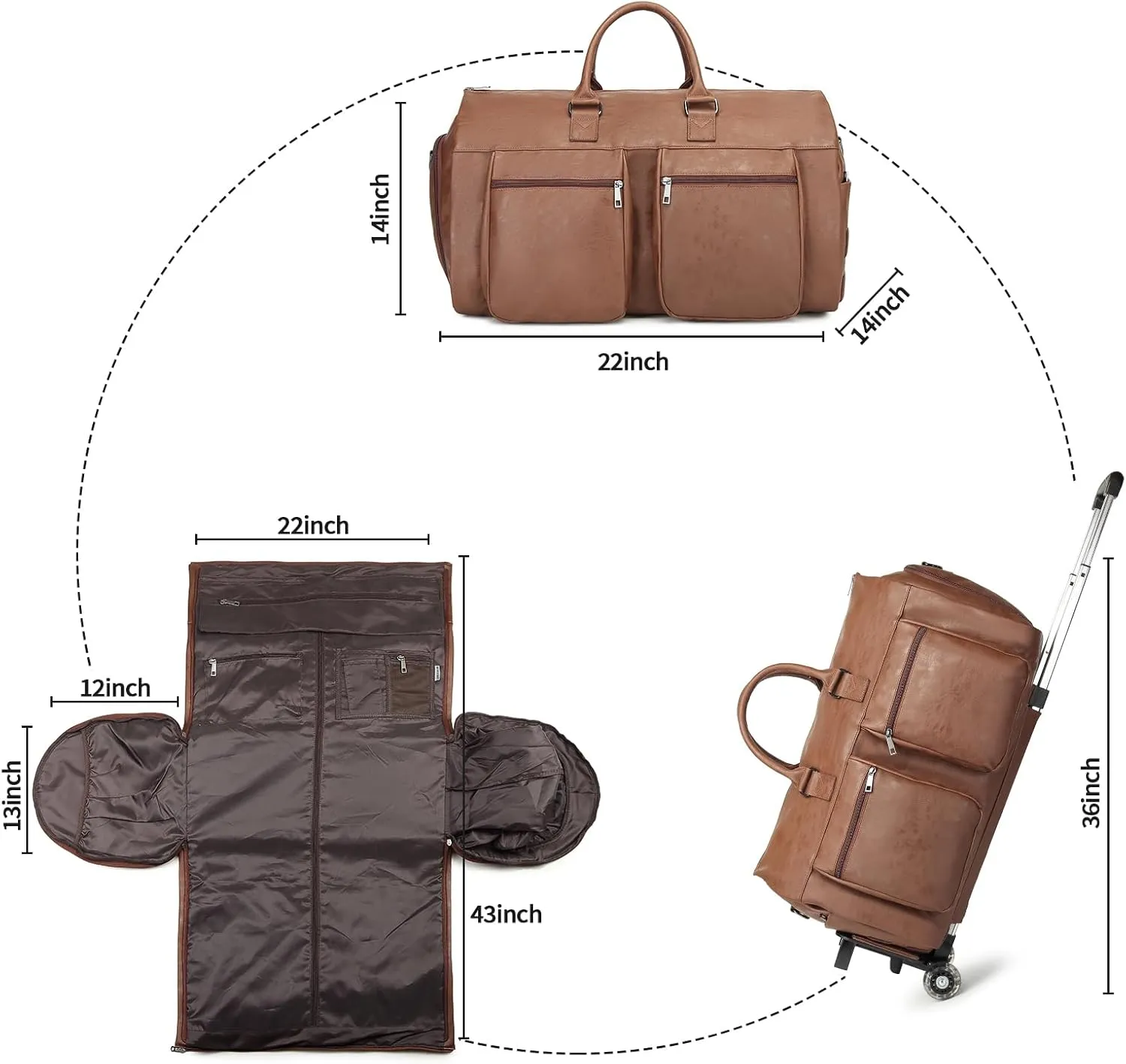 Rolling Garment Bags for Travel,Convertible Duffle Garment Bag Roller Bag Carry on Garment Bag with Wheels Luggage Rolling Weekender Roller Duffle Bags for Travel-Brown