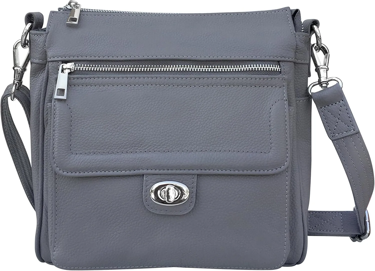 Roma Leathers Gun Concealment Square Shoulder Bag - Detachable Strap, Metal Twist Lock, Card Compartments - Grey