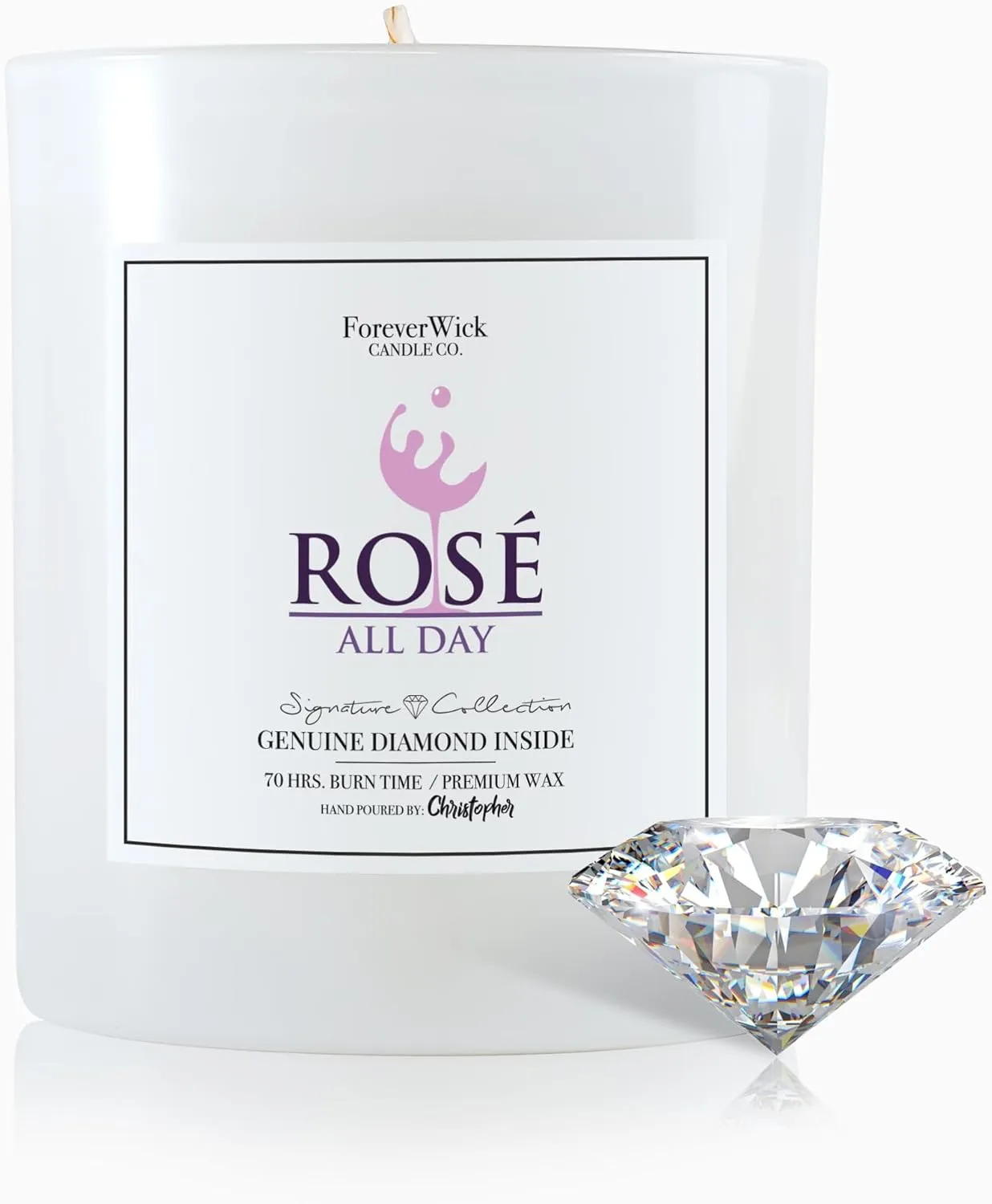 Rosè All Day Surprise Candle with Diamond Inside | Foreverwick Candles | Scented Soy Candles Gifts for Women Anniversary Candle Wax | Romance Candles All-Natural Organic Soy Candle 14oz | 70h