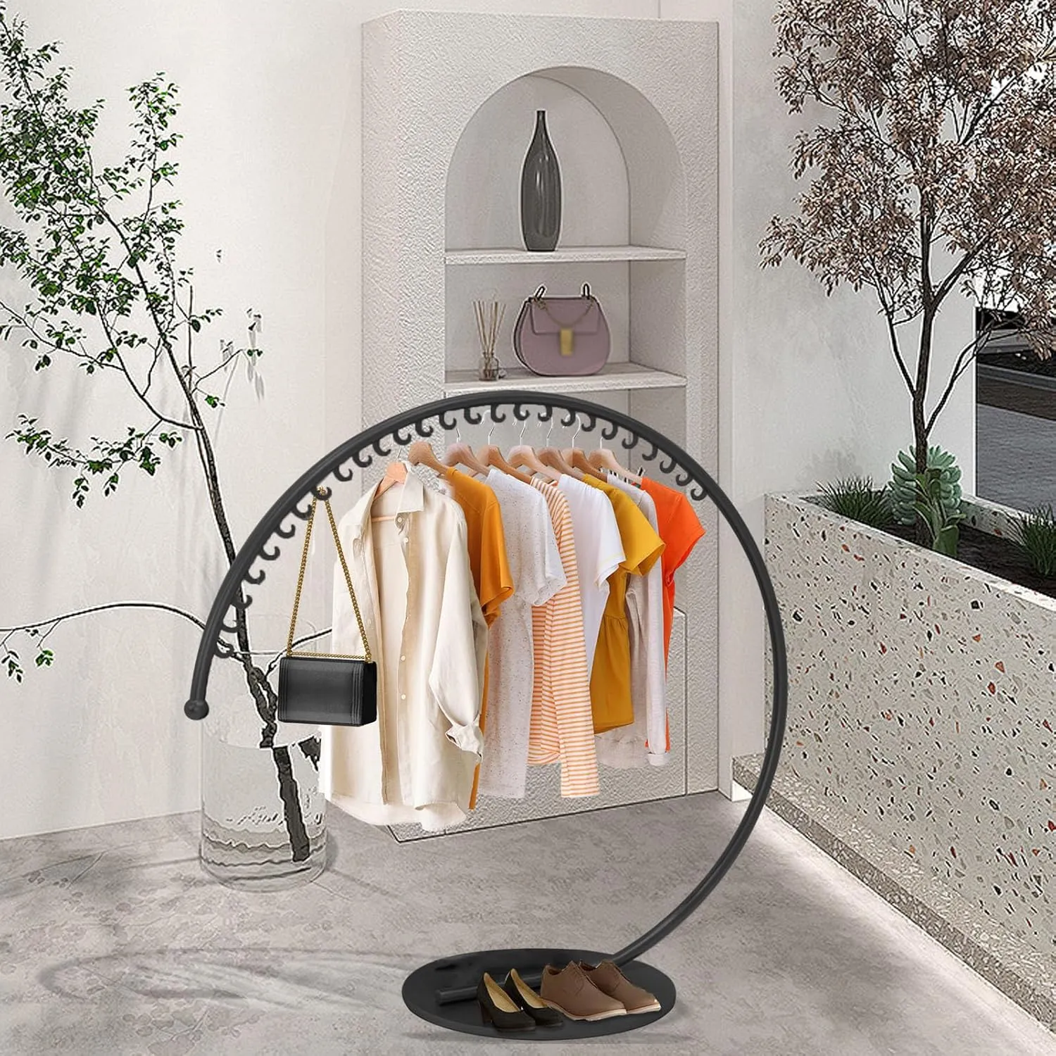 Round Garment Rack, Floor Standing Garment Rack Stand, Metal Clothing Rack with Stable Base, for Boutique Supplies Coat Rack, Retail Display Costume Coat, Bedroom, Laundry Room Decor (BLACK, Small)