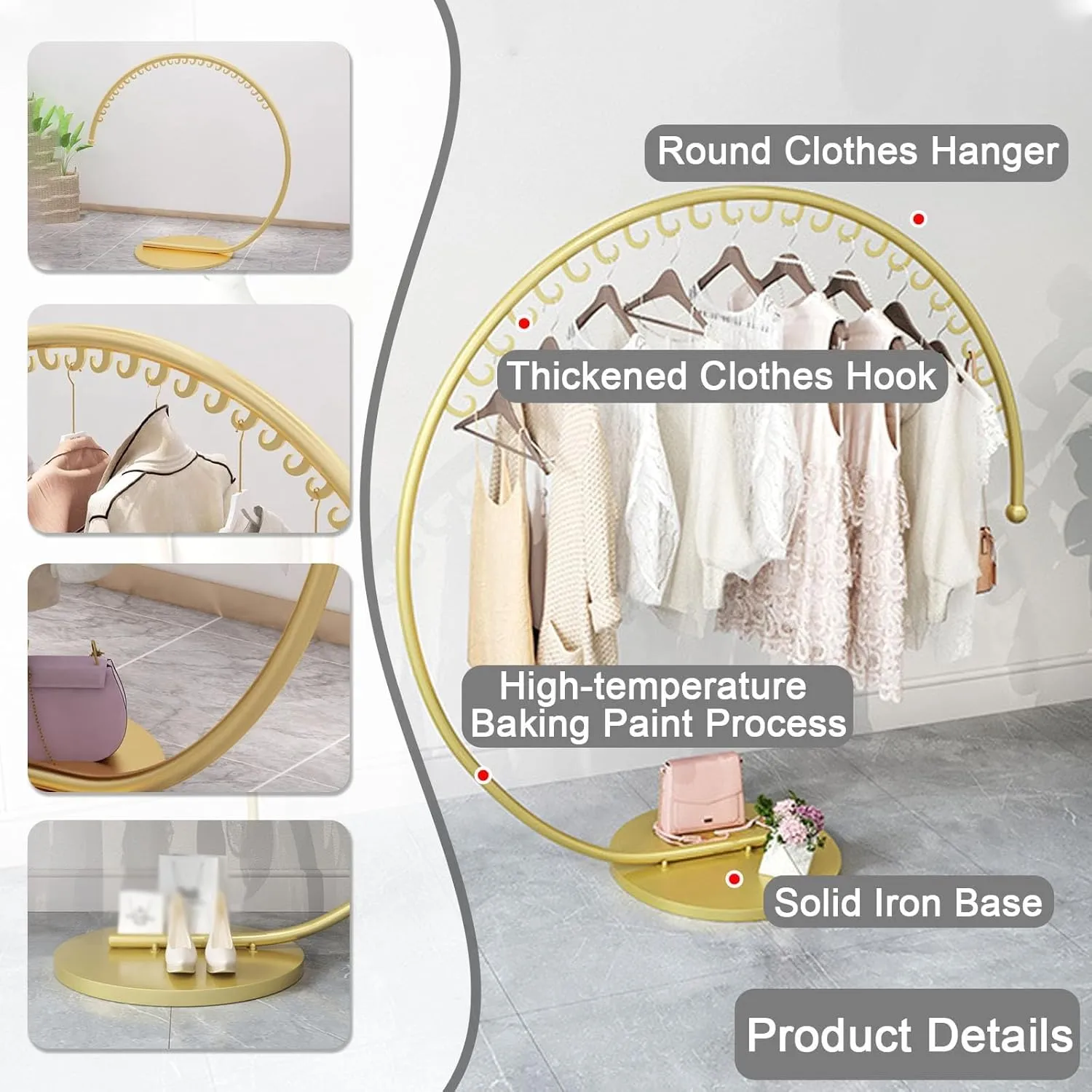 Round Garment Rack, Floor Standing Garment Rack Stand, Metal Clothing Rack with Stable Base, for Boutique Supplies Coat Rack, Retail Display Costume Coat, Bedroom, Laundry Room Decor (GOLD, Large)
