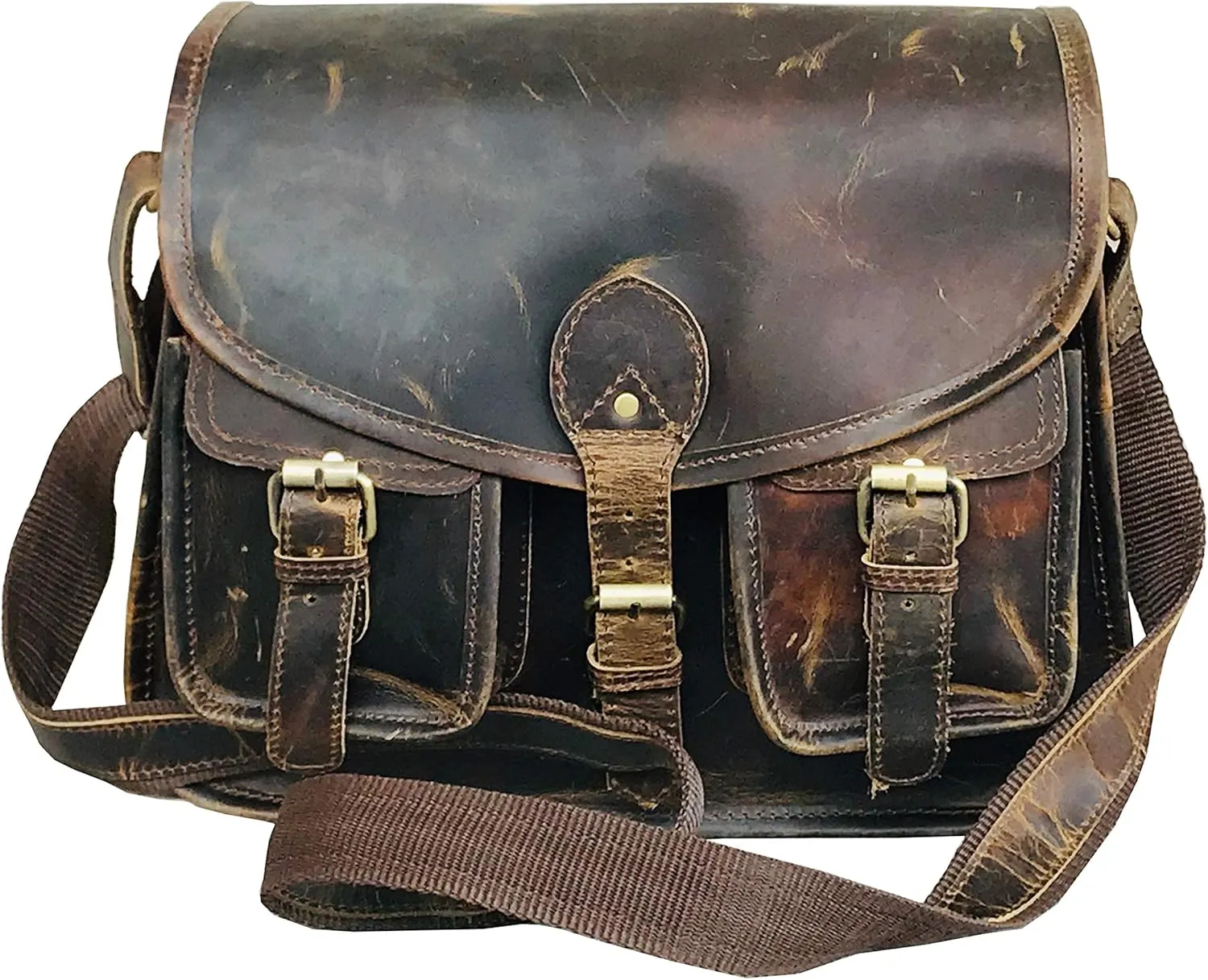 Ruzioon- Buffalo Leather Crossbody Purse For womens | Vintage look | Handcrafted Artistry | Genuine Leather Satchel | Adjustable Strap | Multiple Compartments | External Zipper Pocket | 12" x 10" x 4"