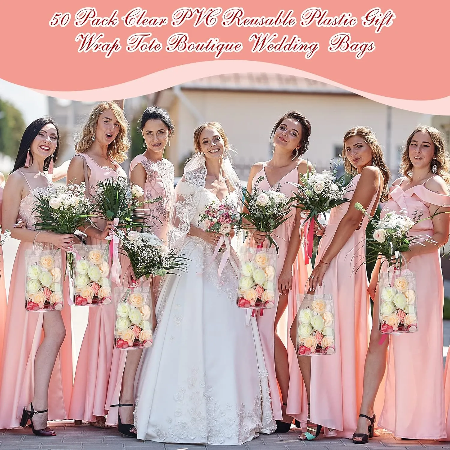 Saintrygo 50 Pcs Clear Plastic Gift Bags with Handles Bulk PVC Wrap Tote Transparent Reusable Goodie Bags for Boutique Wedding Birthday Baby Shower Mother's Day Party Favor(10.2 x 6.3 x 3.2 Inches)