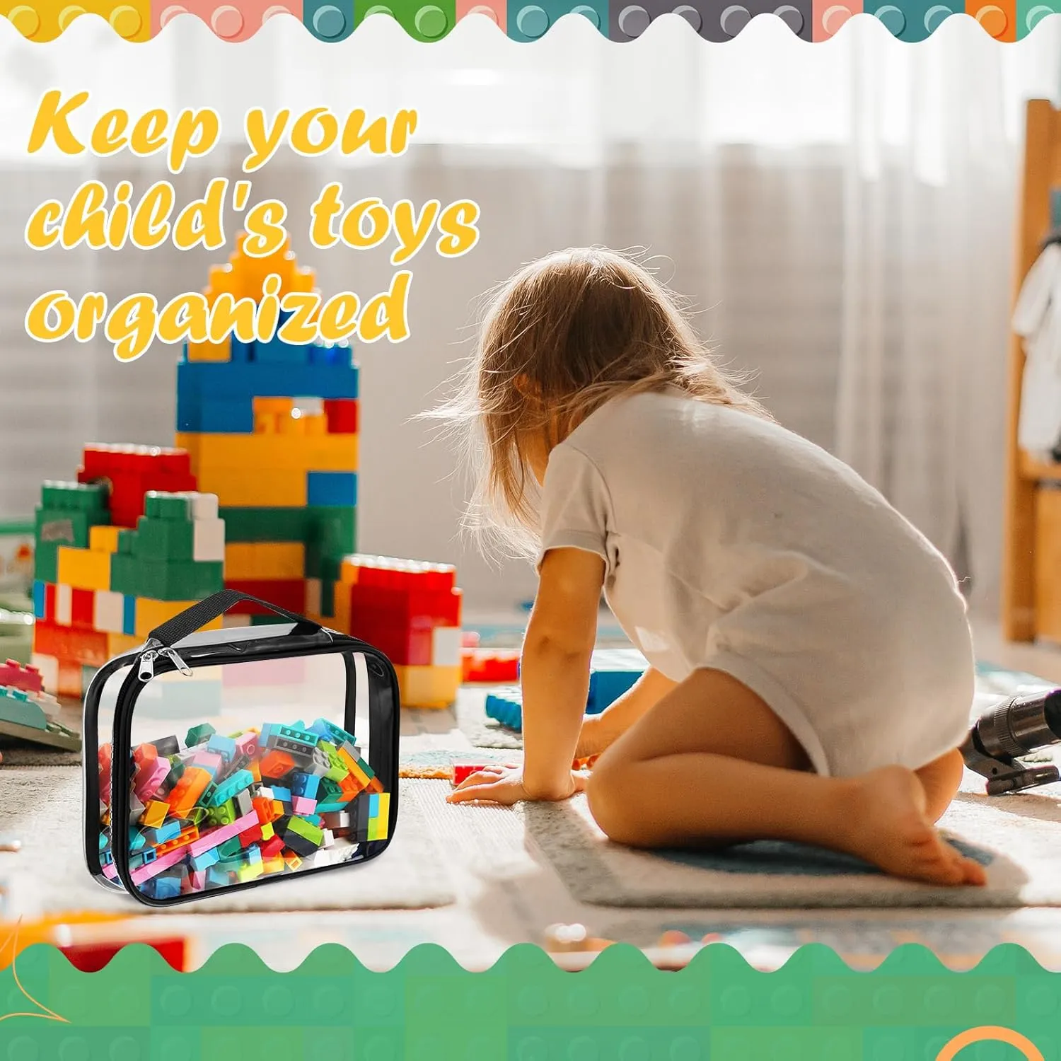 Sanwuta 3 Packs Toy Storage Bags with Zipper, Clear PVC Organizing Waterproof Toy Bags for Board Games, Building Blocks, and Kids Books(12.6 x 9 x 2.36 Inch,Black, White, Gray)
