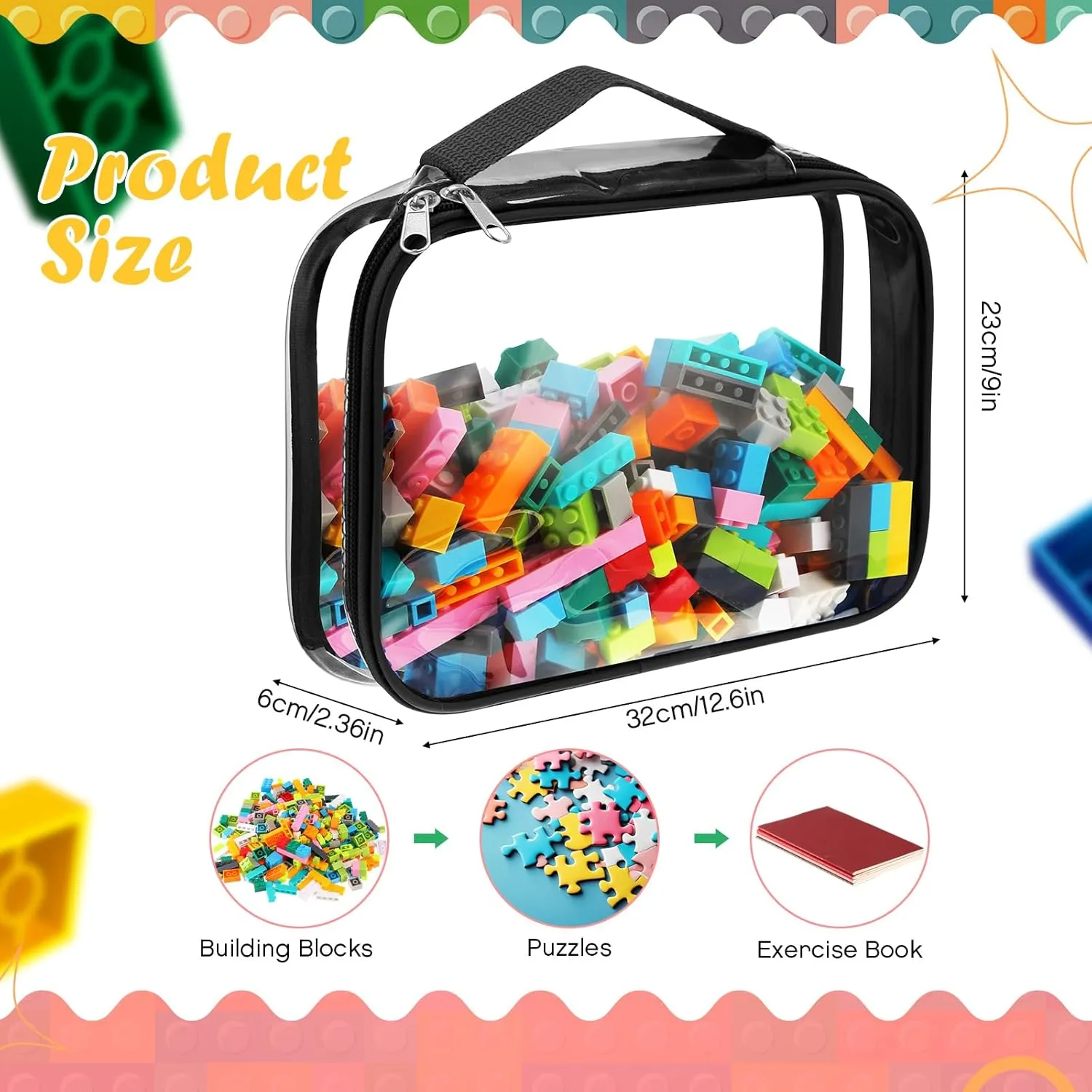 Sanwuta 3 Packs Toy Storage Bags with Zipper, Clear PVC Organizing Waterproof Toy Bags for Board Games, Building Blocks, and Kids Books(12.6 x 9 x 2.36 Inch,Black, White, Gray)