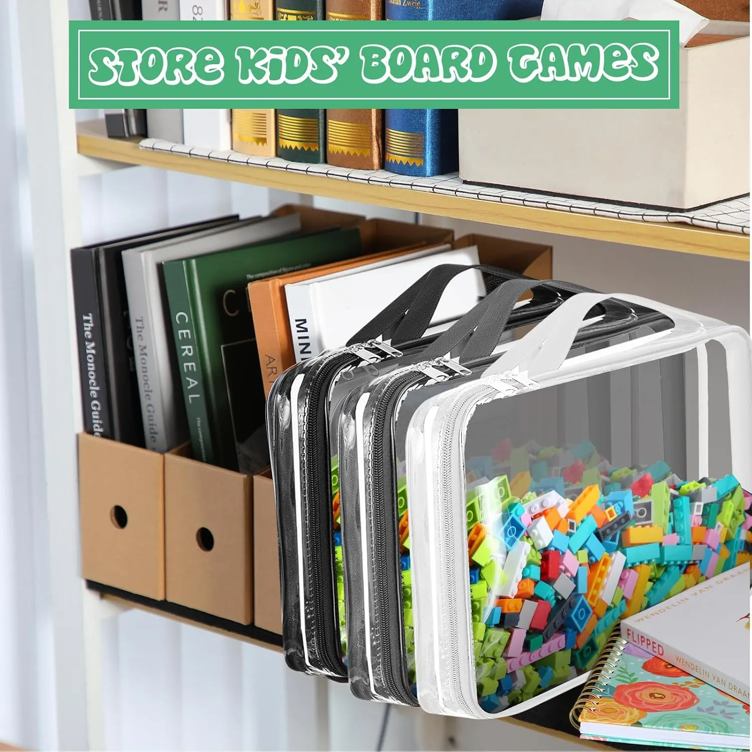Sanwuta 3 Packs Toy Storage Bags with Zipper, Clear PVC Organizing Waterproof Toy Bags for Board Games, Building Blocks, and Kids Books(12.6 x 9 x 2.36 Inch,Black, White, Gray)