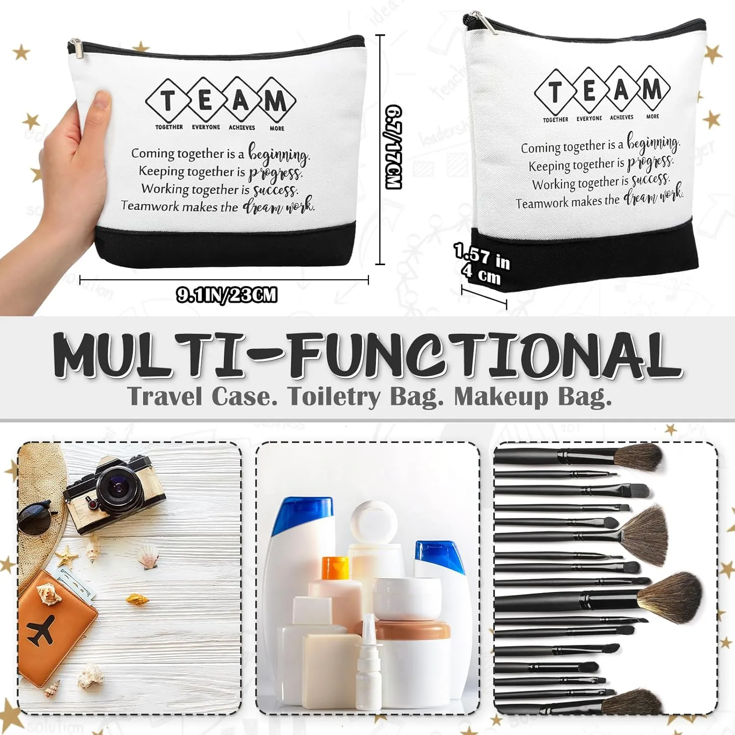 Sanwuta 48 Pcs Inspirational Canvas Makeup Bags Keychains Set Graduation Gifts Teacher Appreciation Gifts Bulk for Employees Women (Team)
