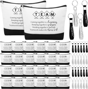 Sanwuta 48 Pcs Inspirational Canvas Makeup Bags Keychains Set Graduation Gifts Teacher Appreciation Gifts Bulk for Employees Women (Team)